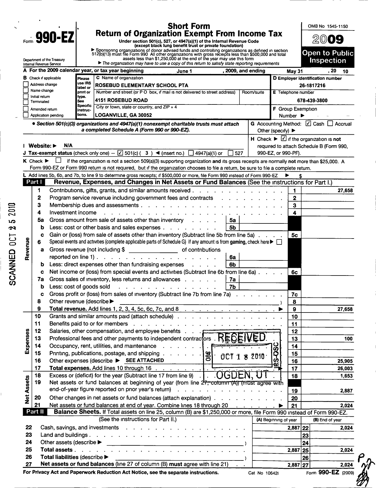 Image of first page of 2009 Form 990EZ for Georgia PTA - Rosebud Es PTA