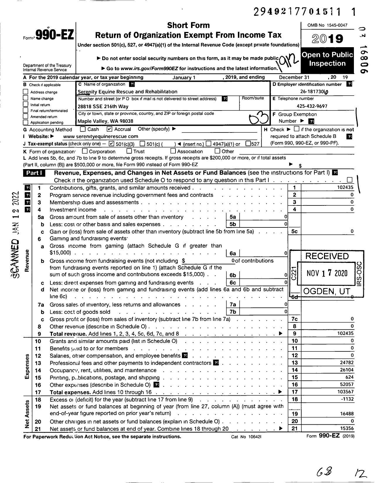 Image of first page of 2019 Form 990EZ for Serenity Equine Rescue and Rehabilitation