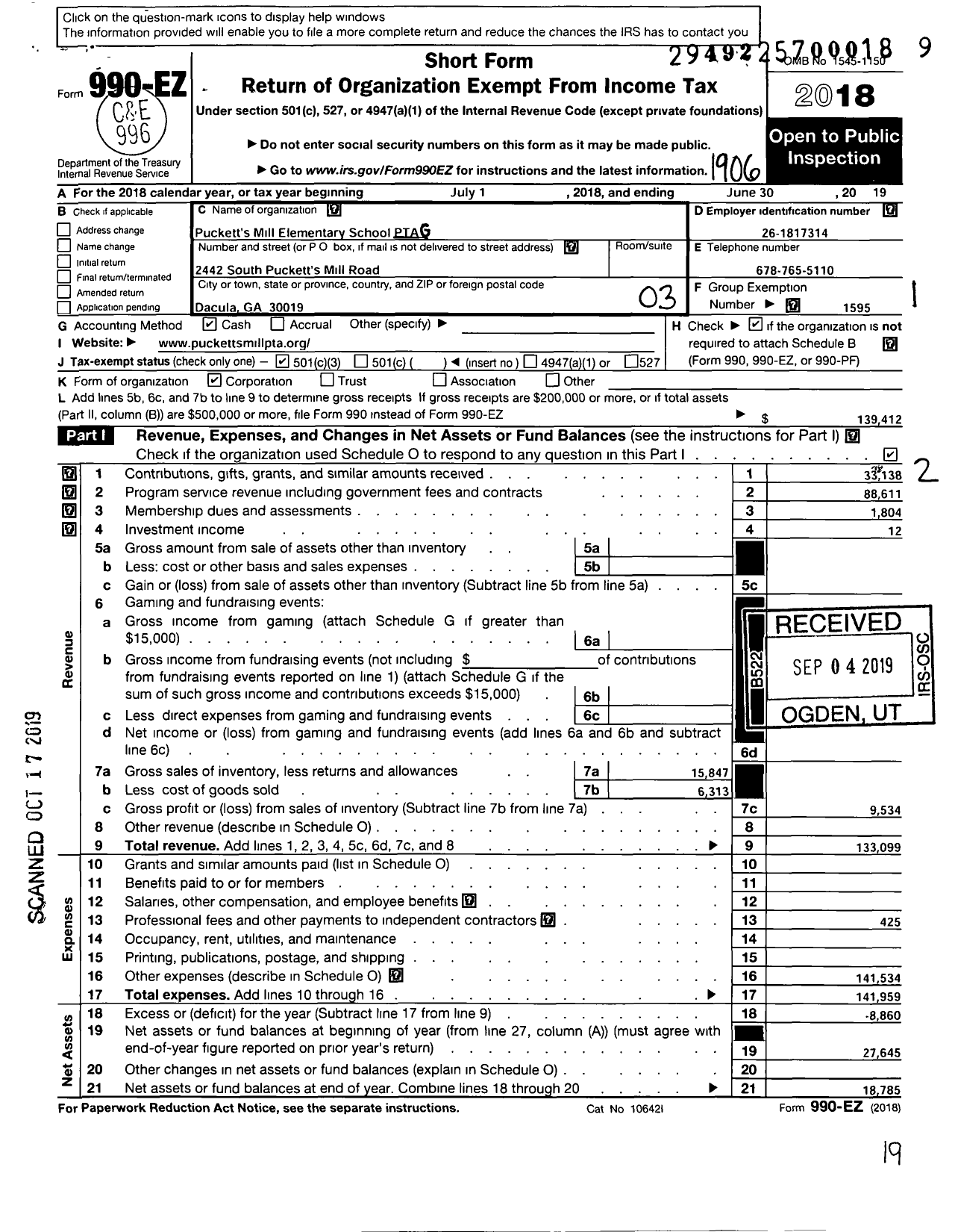 Image of first page of 2018 Form 990EZ for GEORGIA PTA - Pucketts Mill E S PTA