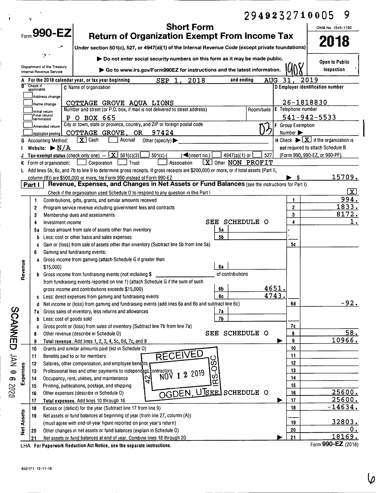 Image of first page of 2018 Form 990EZ for Cottage Grove Aqua Lions