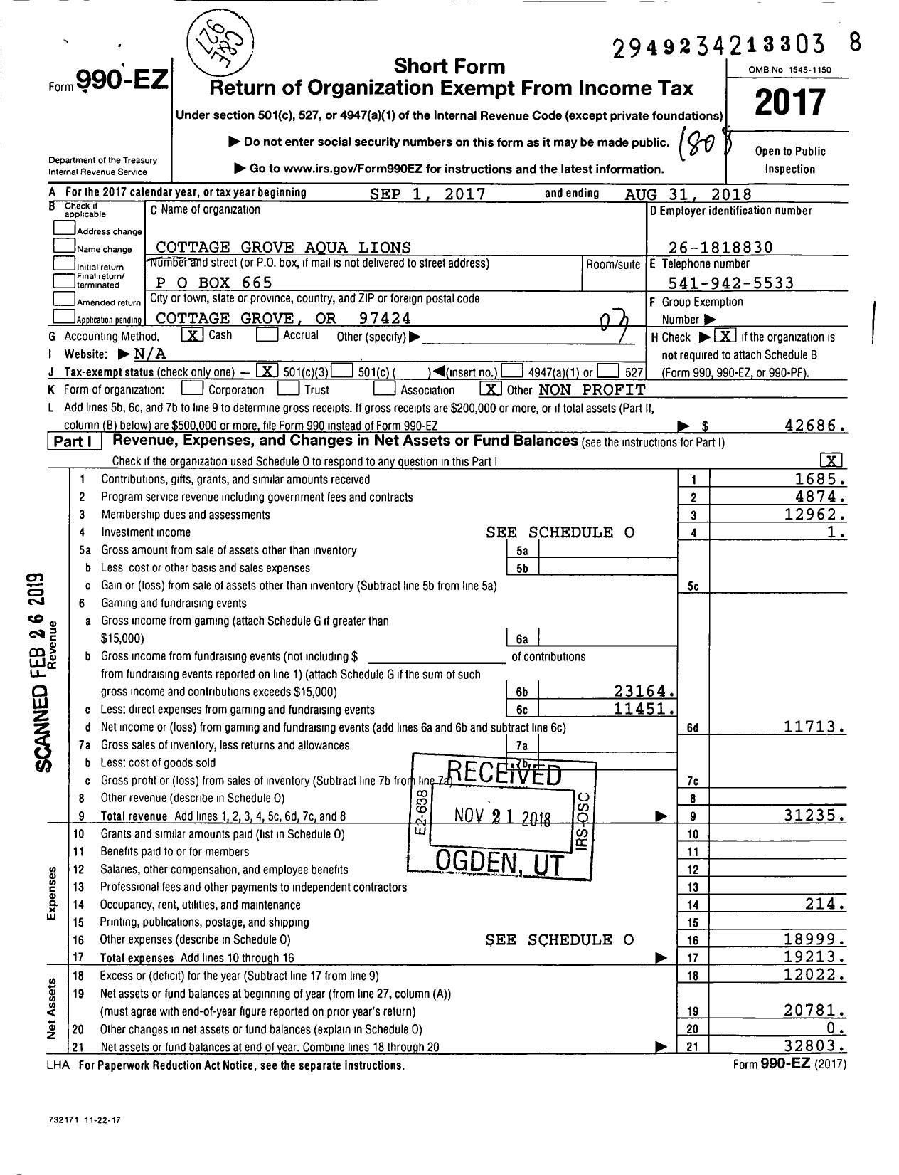 Image of first page of 2017 Form 990EZ for Cottage Grove Aqua Lions