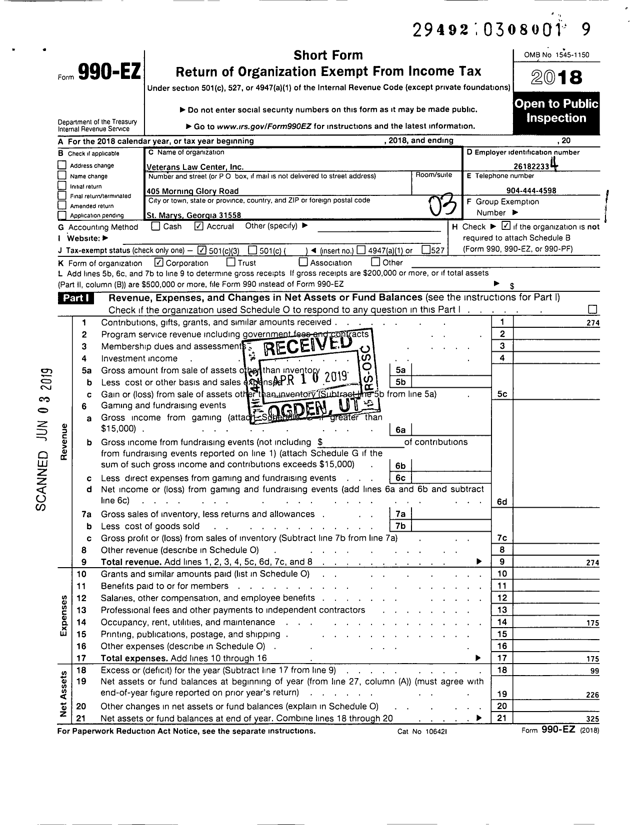 Image of first page of 2018 Form 990EZ for Veterans Law Center