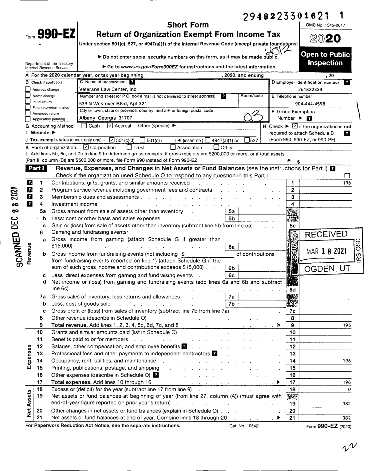 Image of first page of 2020 Form 990EZ for Veterans Law Center