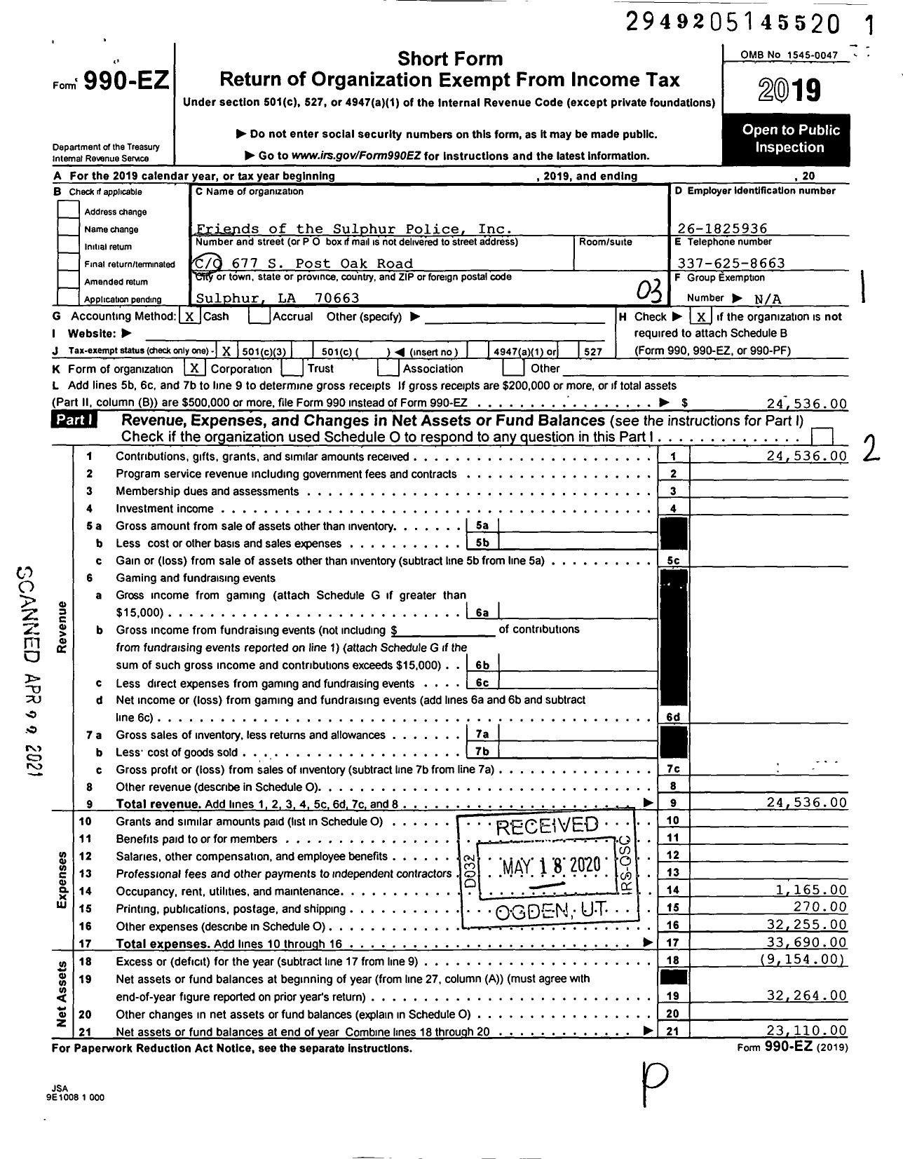 Image of first page of 2019 Form 990EZ for Friends of the Sulphur Police