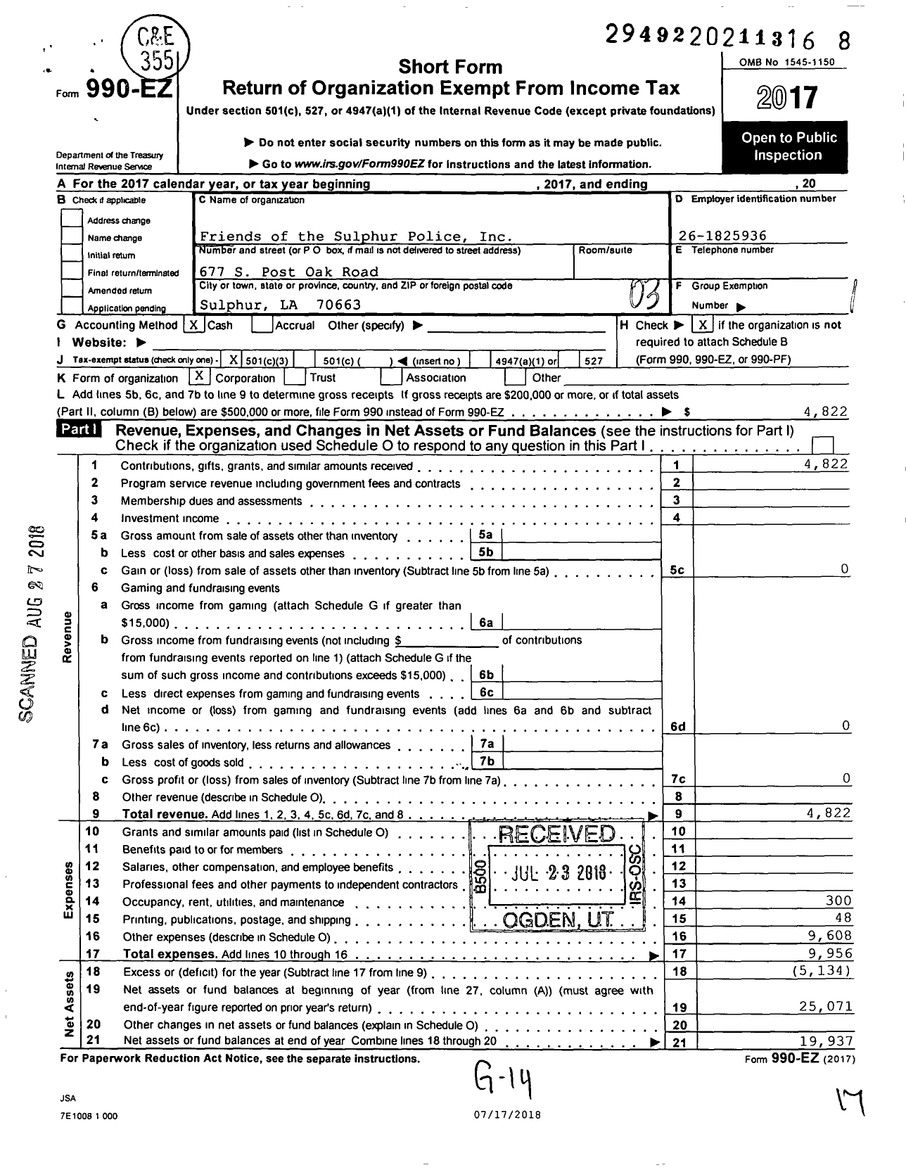 Image of first page of 2017 Form 990EZ for Friends of the Sulphur Police