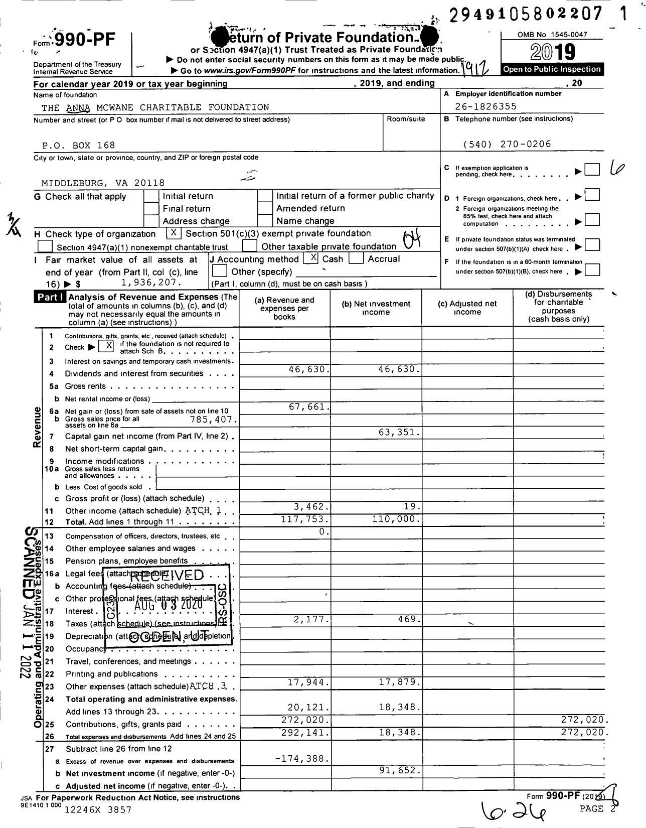 Image of first page of 2019 Form 990PF for The Anna McWane Charitable Foundation