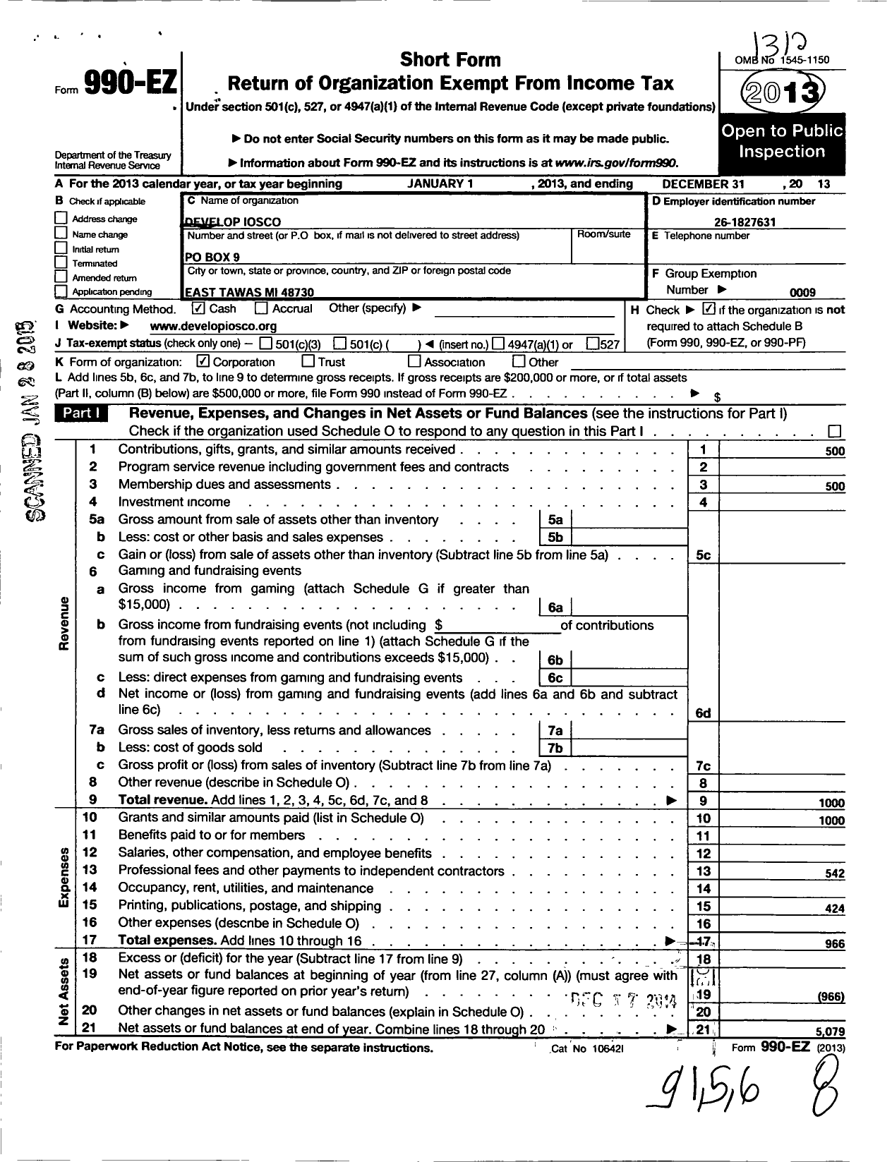 Image of first page of 2013 Form 990EO for Develop Iosco Incorporated