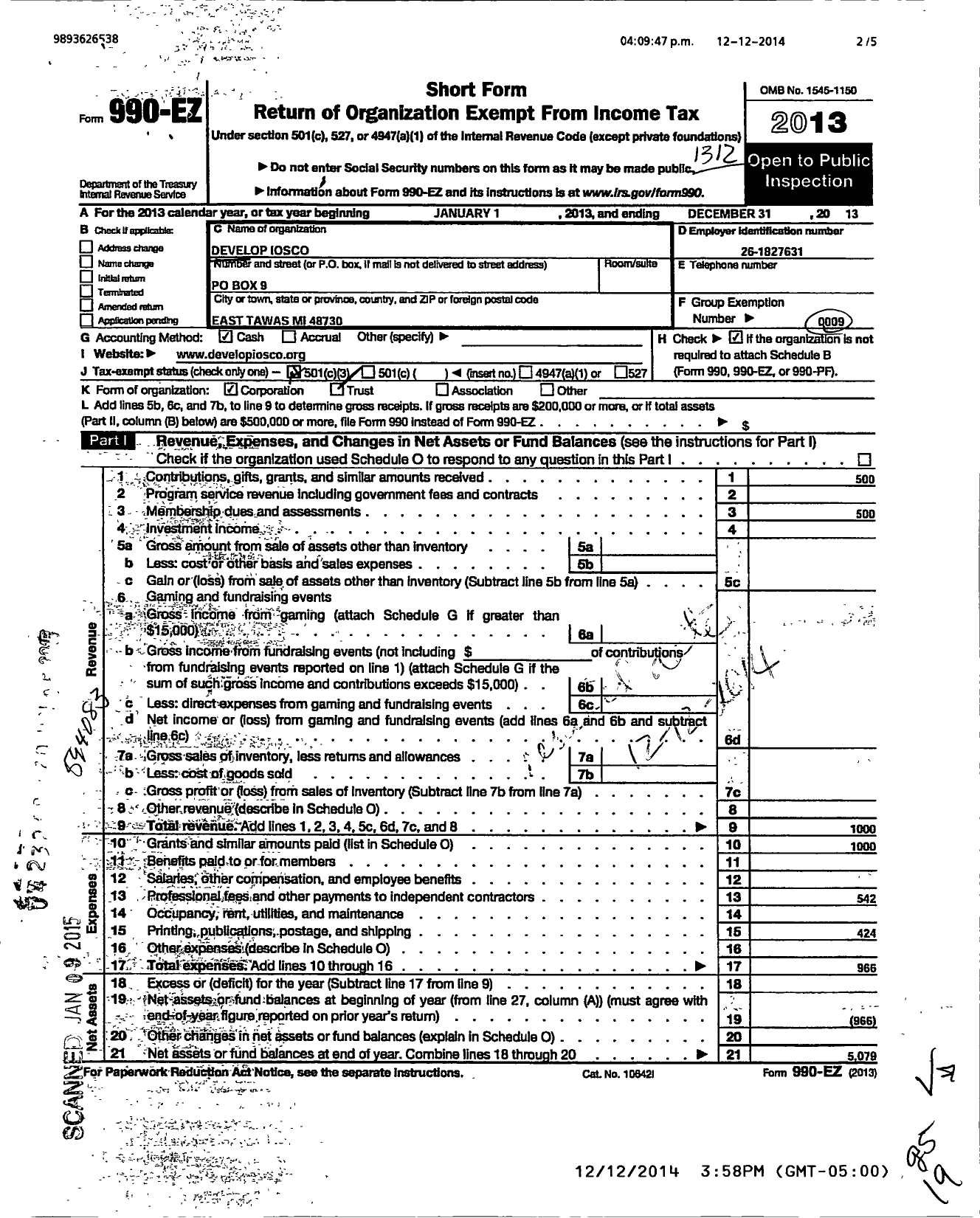 Image of first page of 2013 Form 990EZ for Develop Iosco Incorporated