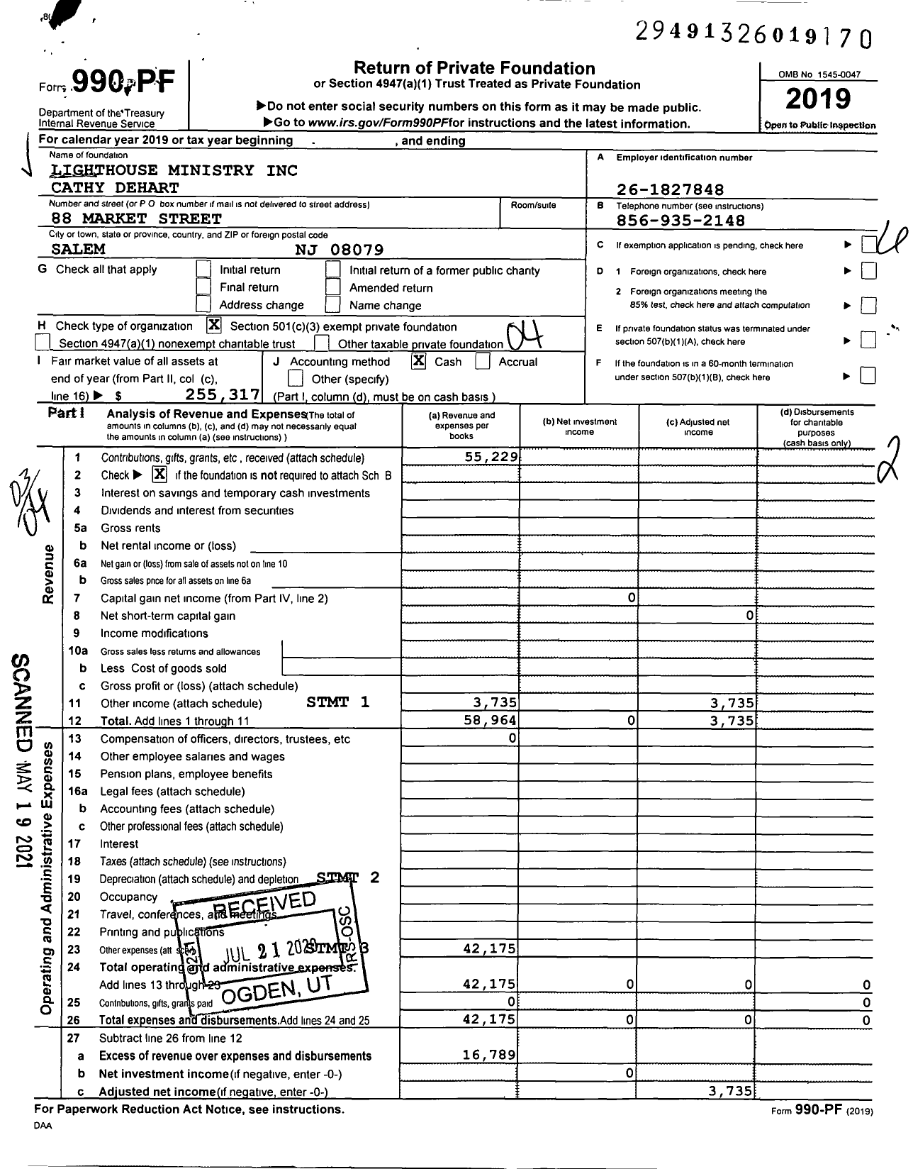 Image of first page of 2019 Form 990PF for Lighthouse Ministry Cathy Dehart