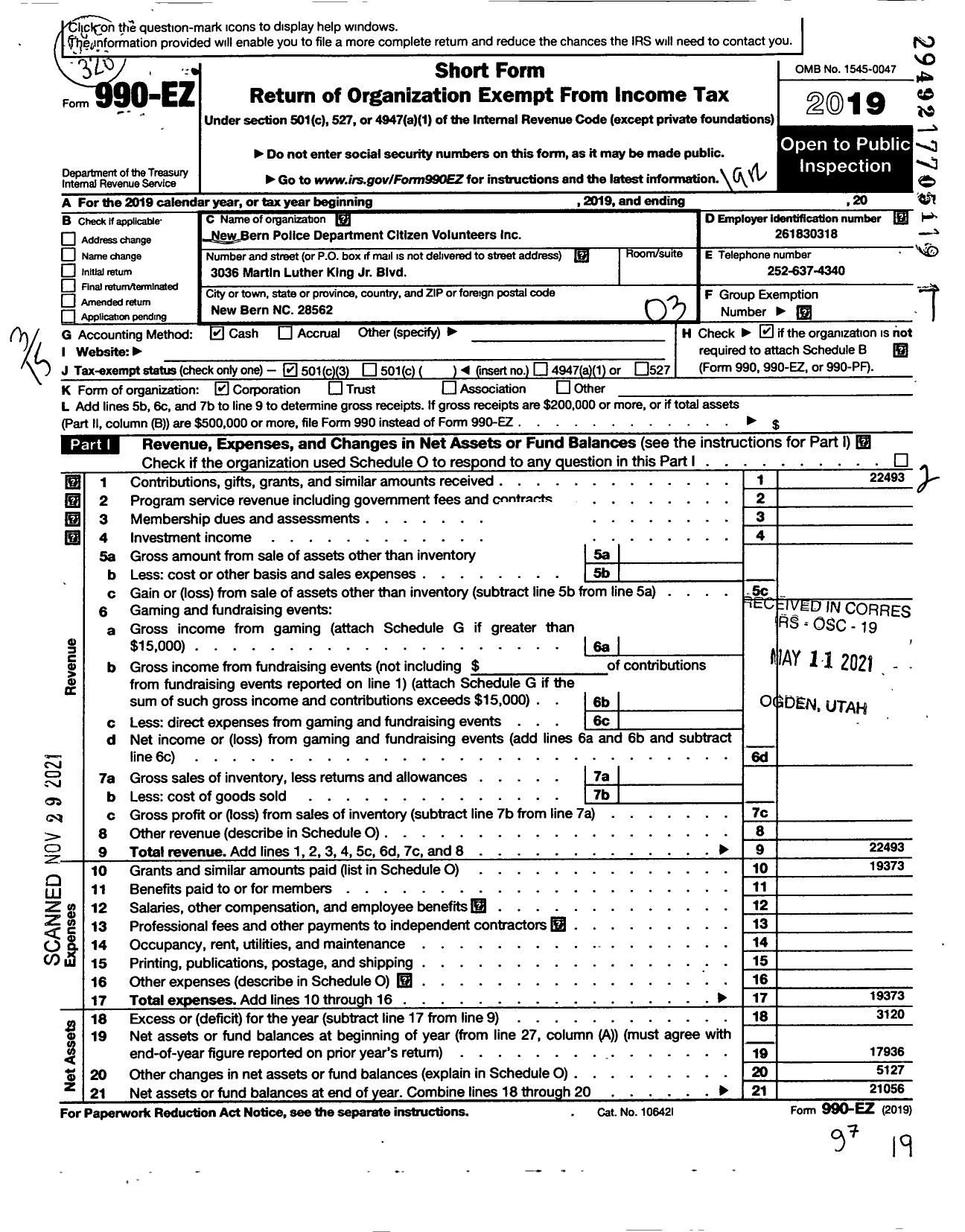 Image of first page of 2019 Form 990EZ for New Bern Police Department Citizen Volunteers