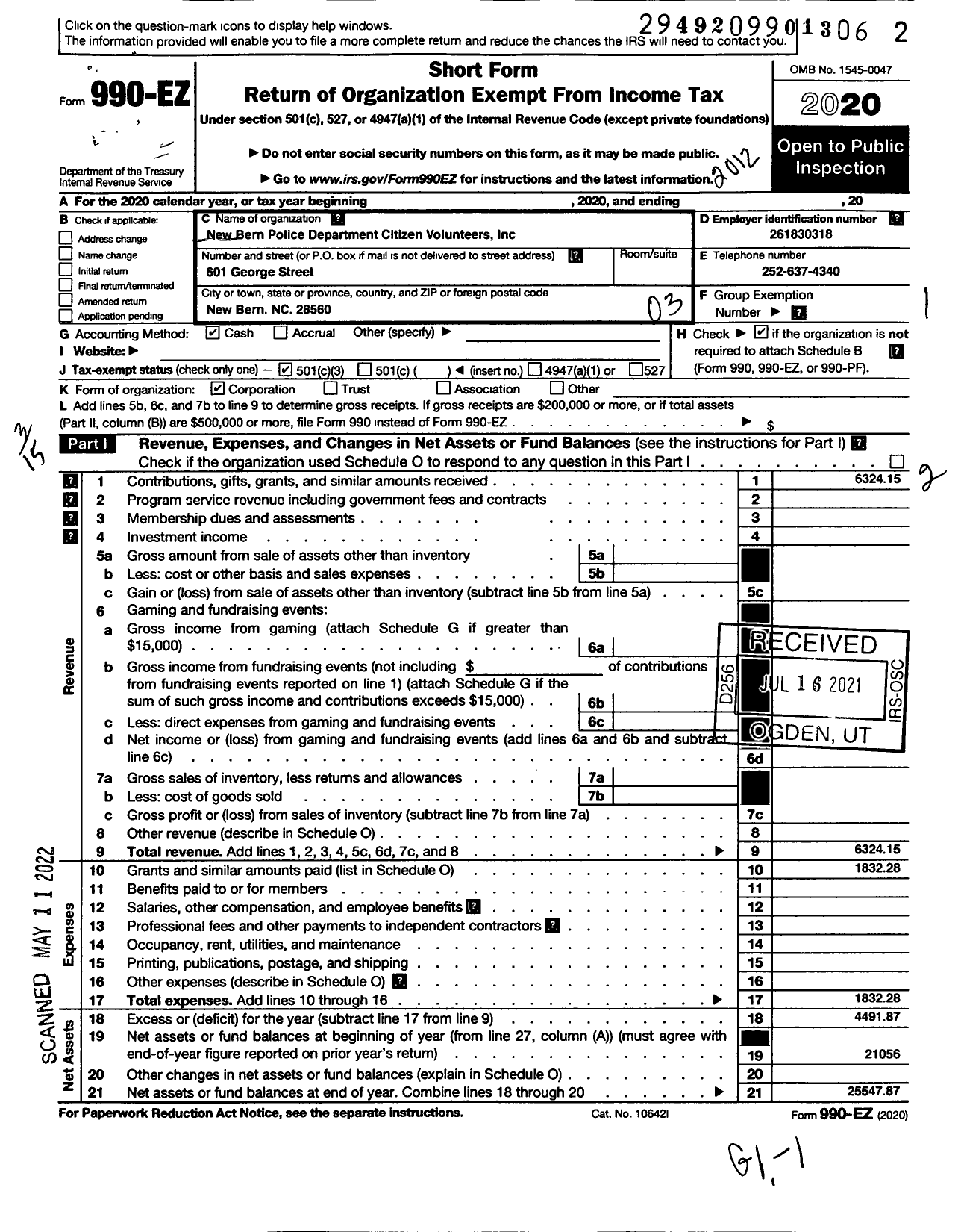 Image of first page of 2020 Form 990EZ for New Bern Police Department Citizen Volunteers