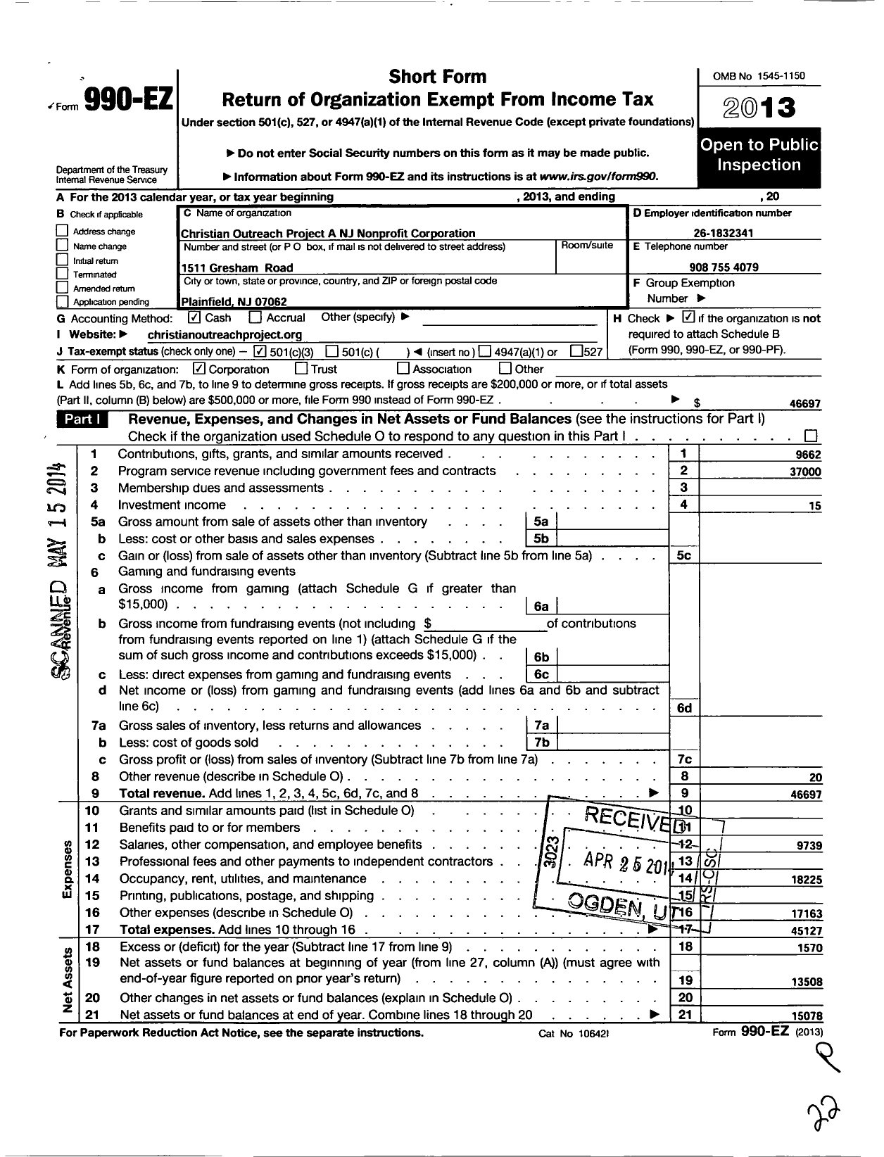 Image of first page of 2013 Form 990EZ for Christian Outreach Project A NJ Nonprofit Corporation