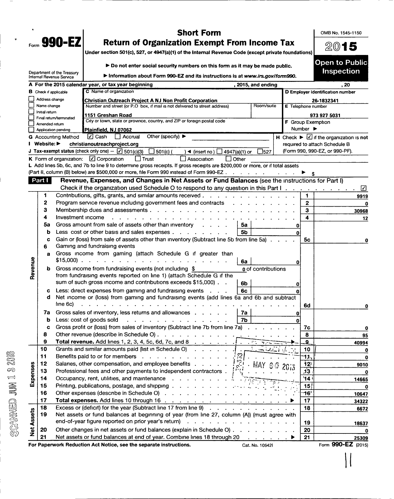 Image of first page of 2015 Form 990EZ for Christian Outreach Project A NJ Nonprofit Corporation