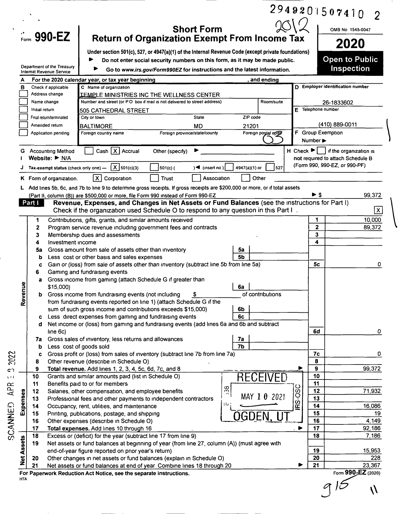 Image of first page of 2020 Form 990EZ for Temple Ministries the Wellness Center