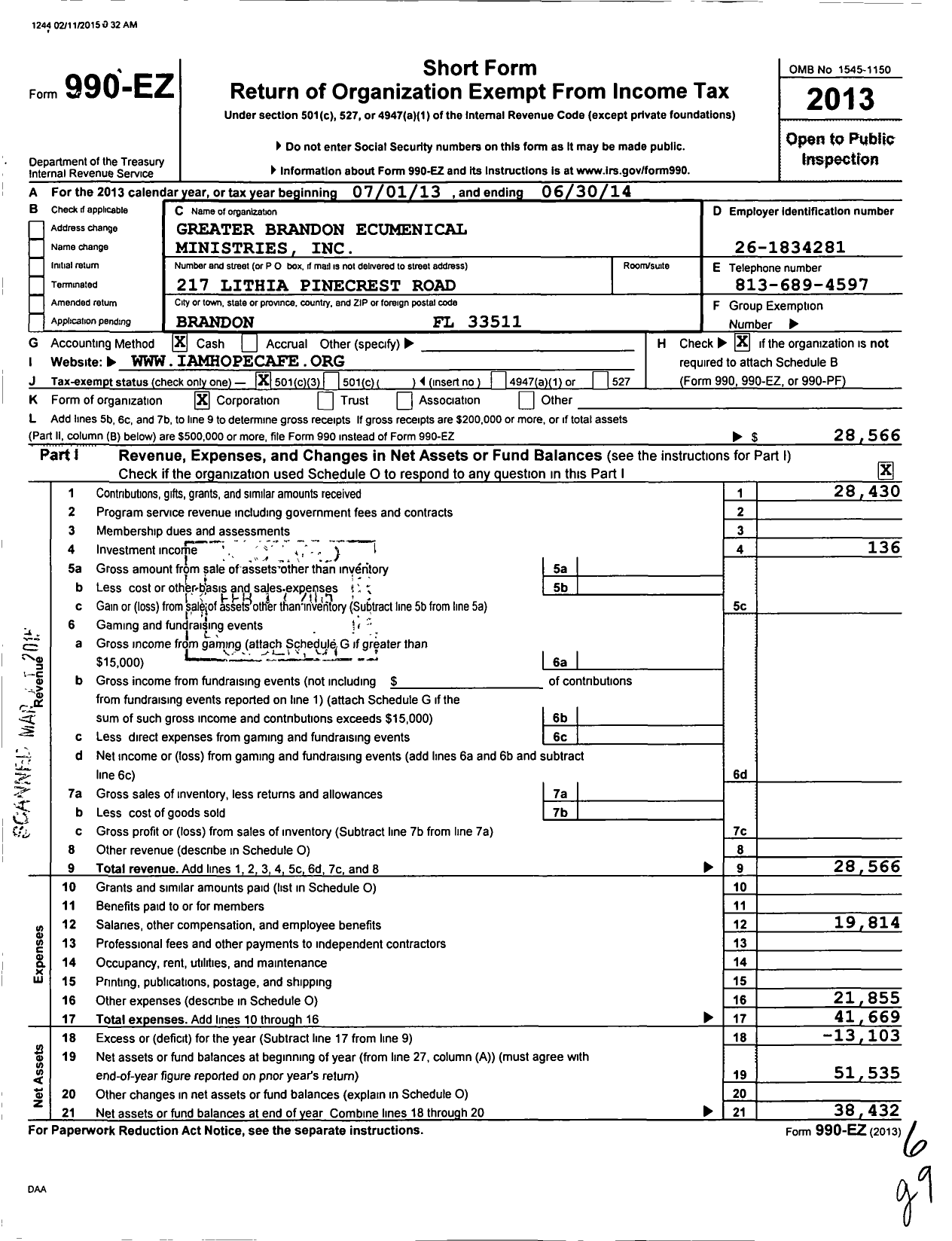 Image of first page of 2013 Form 990EZ for Greater Brandon Ecumenical