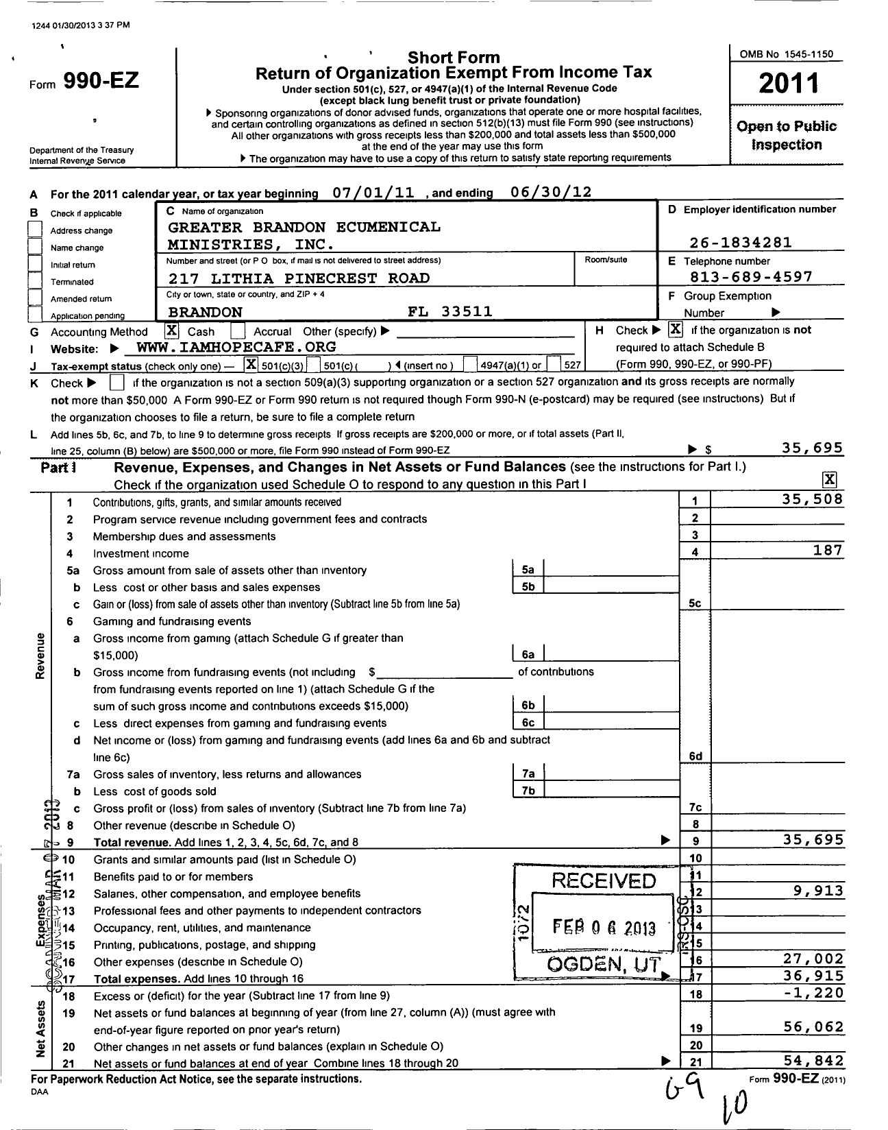 Image of first page of 2011 Form 990 for Greater Brandon Ecumenical