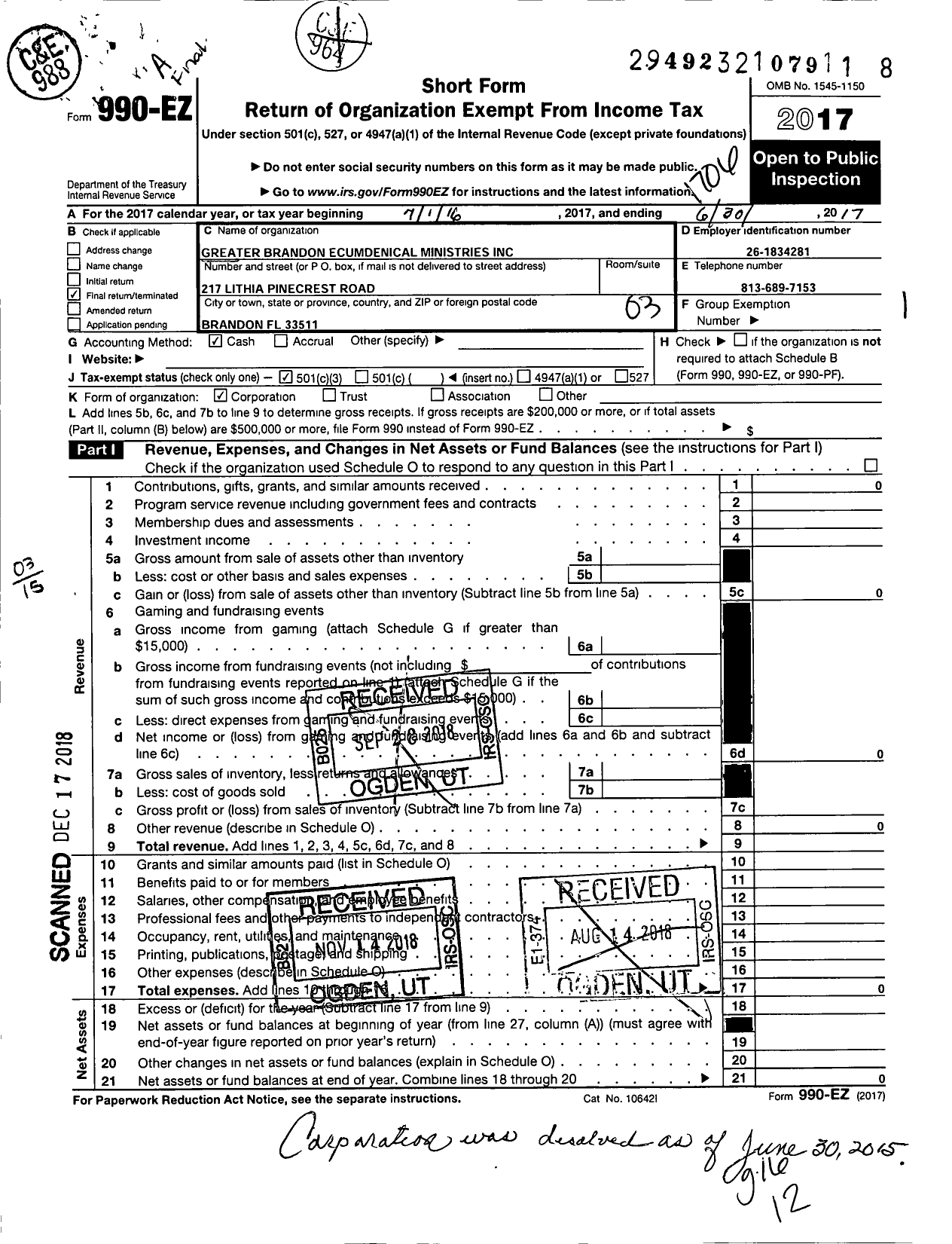 Image of first page of 2016 Form 990EZ for Greater Brandon Ecumenical