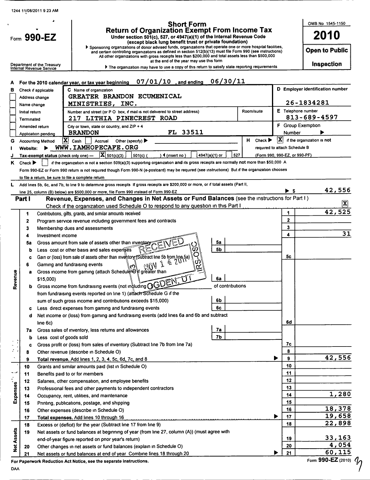 Image of first page of 2010 Form 990EZ for Greater Brandon Ecumenical