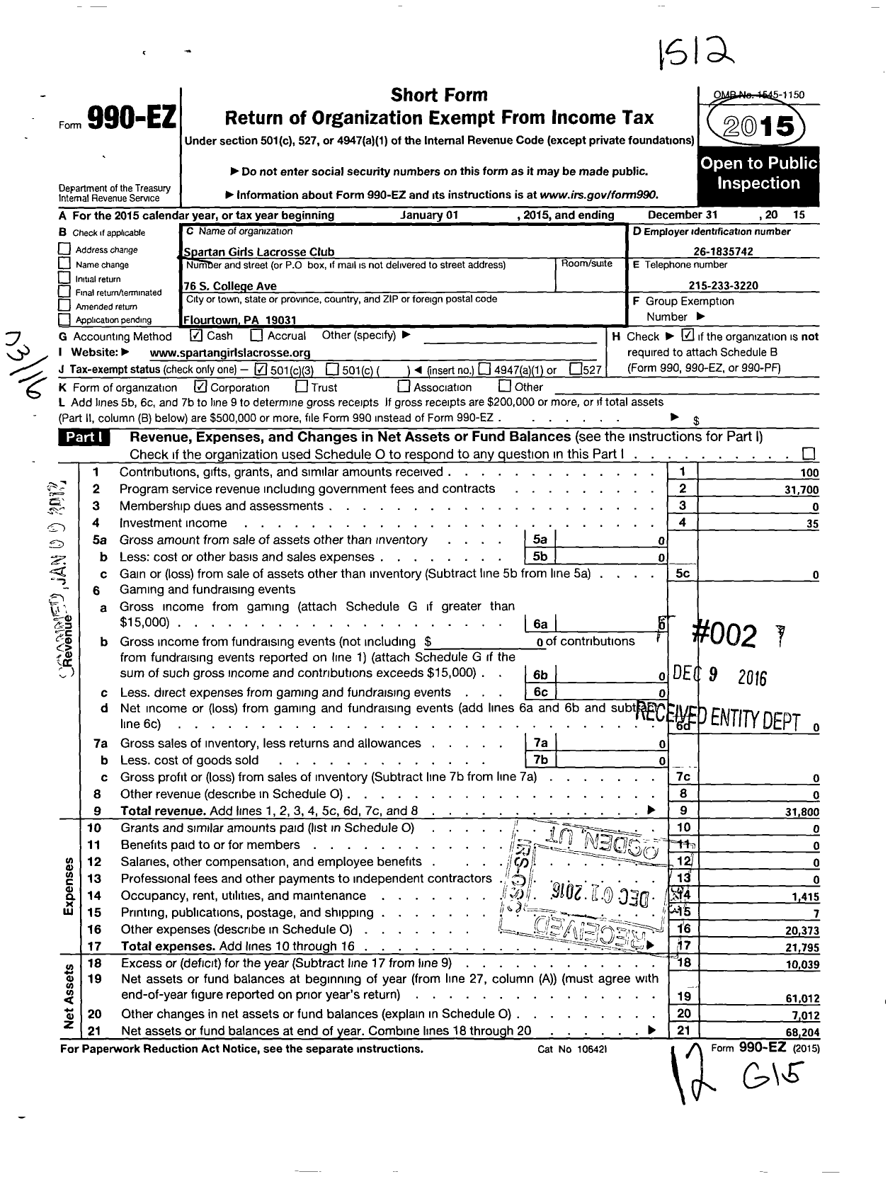 Image of first page of 2015 Form 990EZ for Spartan Girls Lacrosse Club