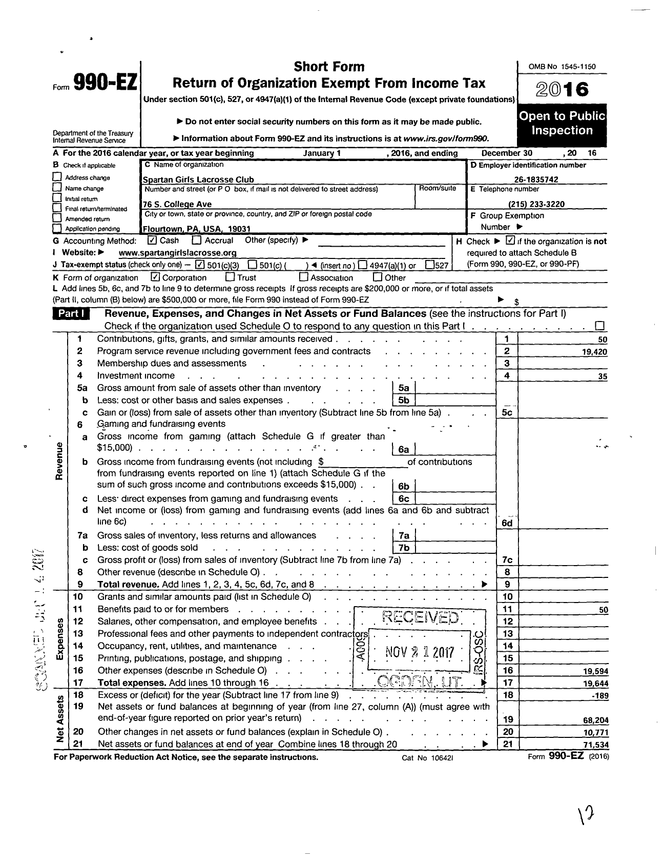 Image of first page of 2016 Form 990EZ for Spartan Girls Lacrosse Club