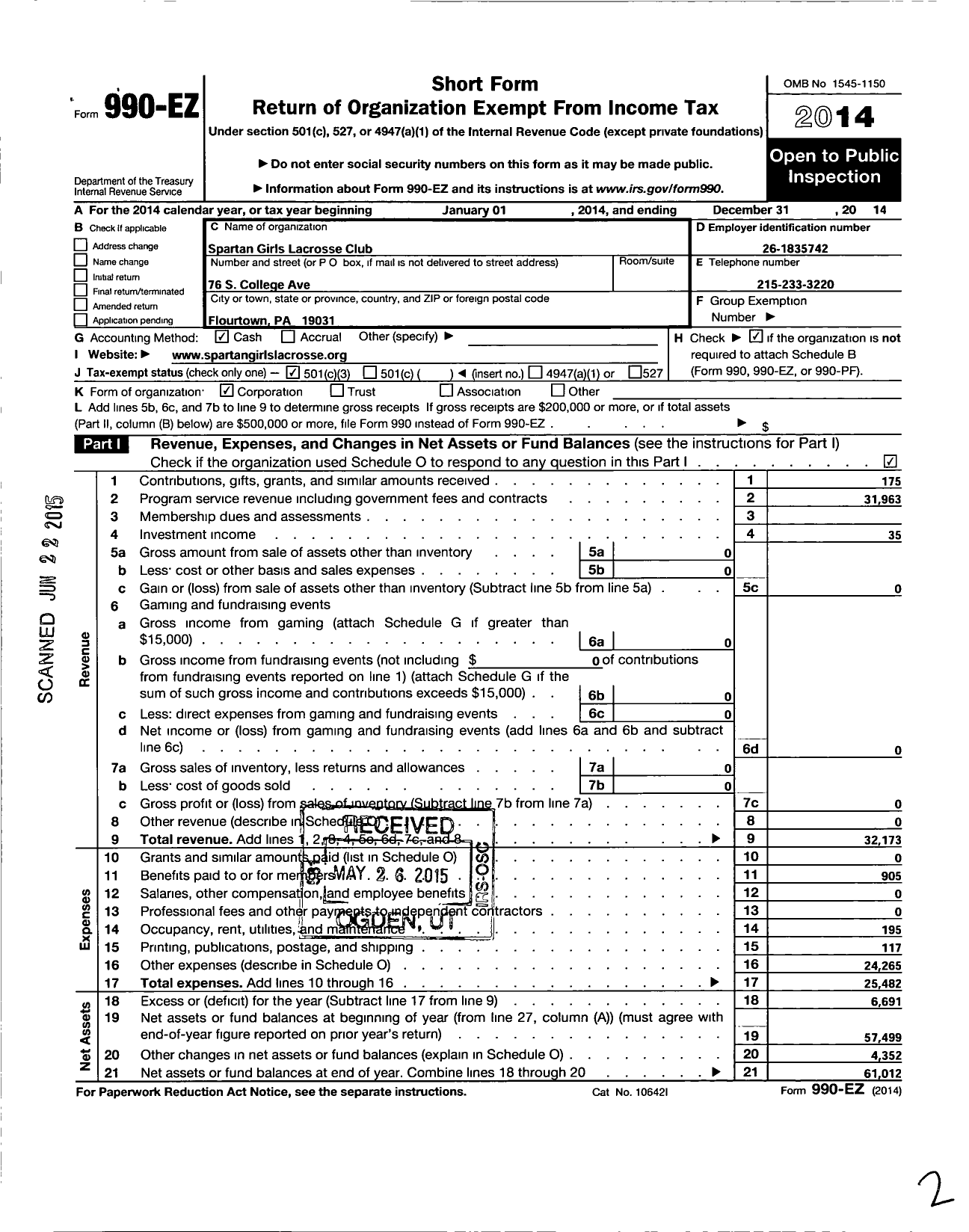 Image of first page of 2014 Form 990EZ for Spartan Girls Lacrosse Club