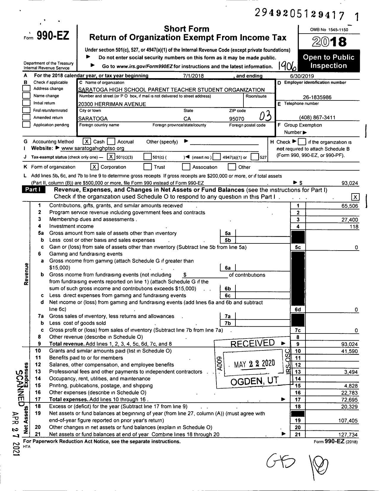 Image of first page of 2018 Form 990EZ for Saratoga High School Parent Teacher Student Organization