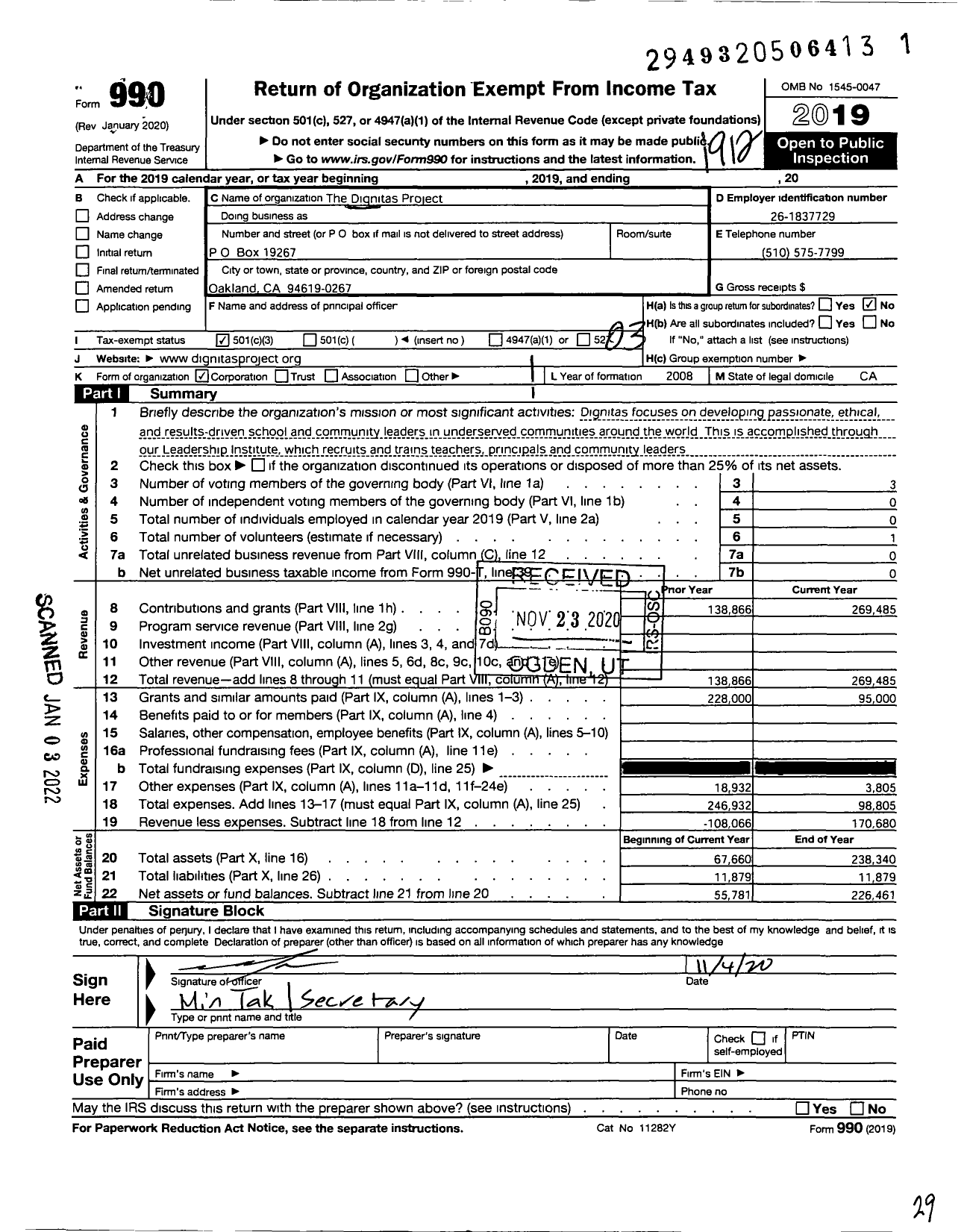 Image of first page of 2019 Form 990 for The Dignitas Project