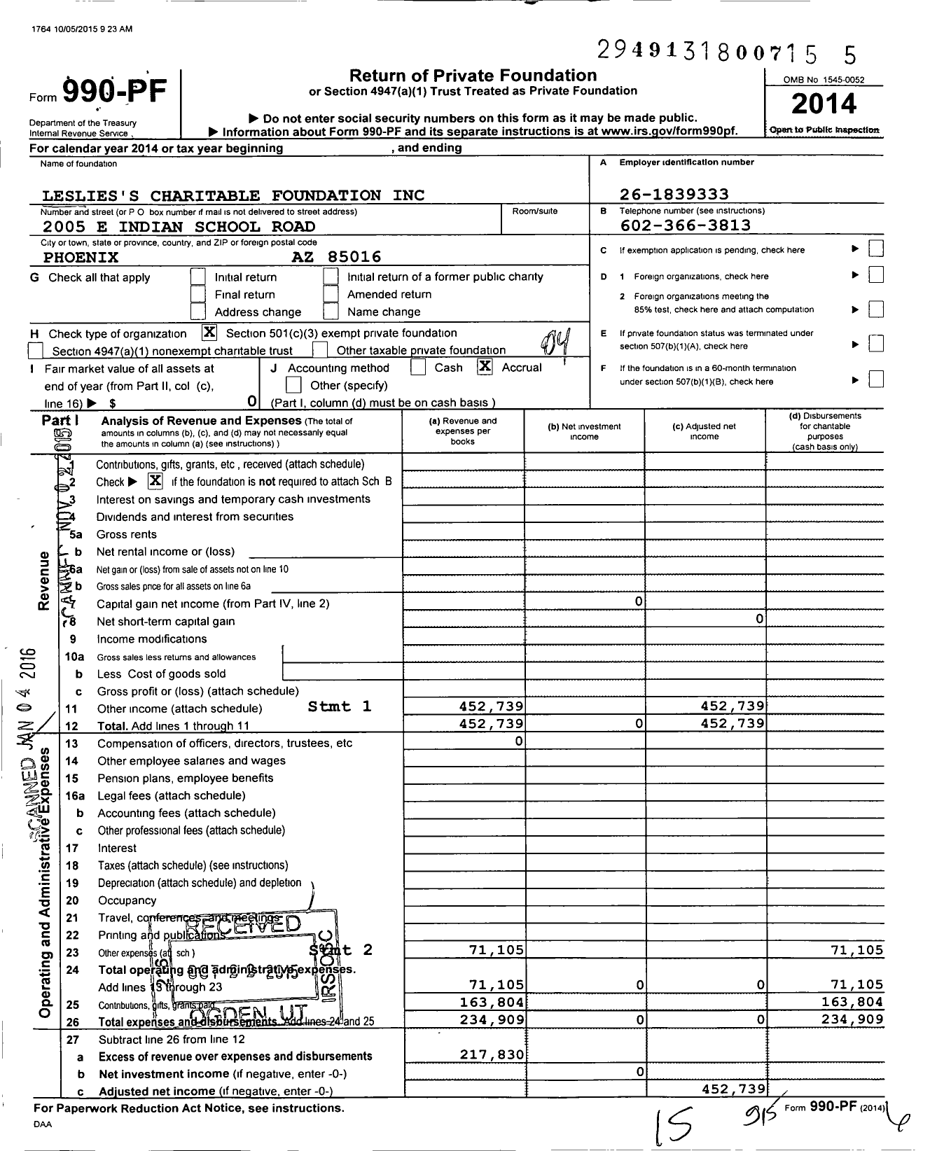 Image of first page of 2014 Form 990PF for Lesliess Charitable Foundation
