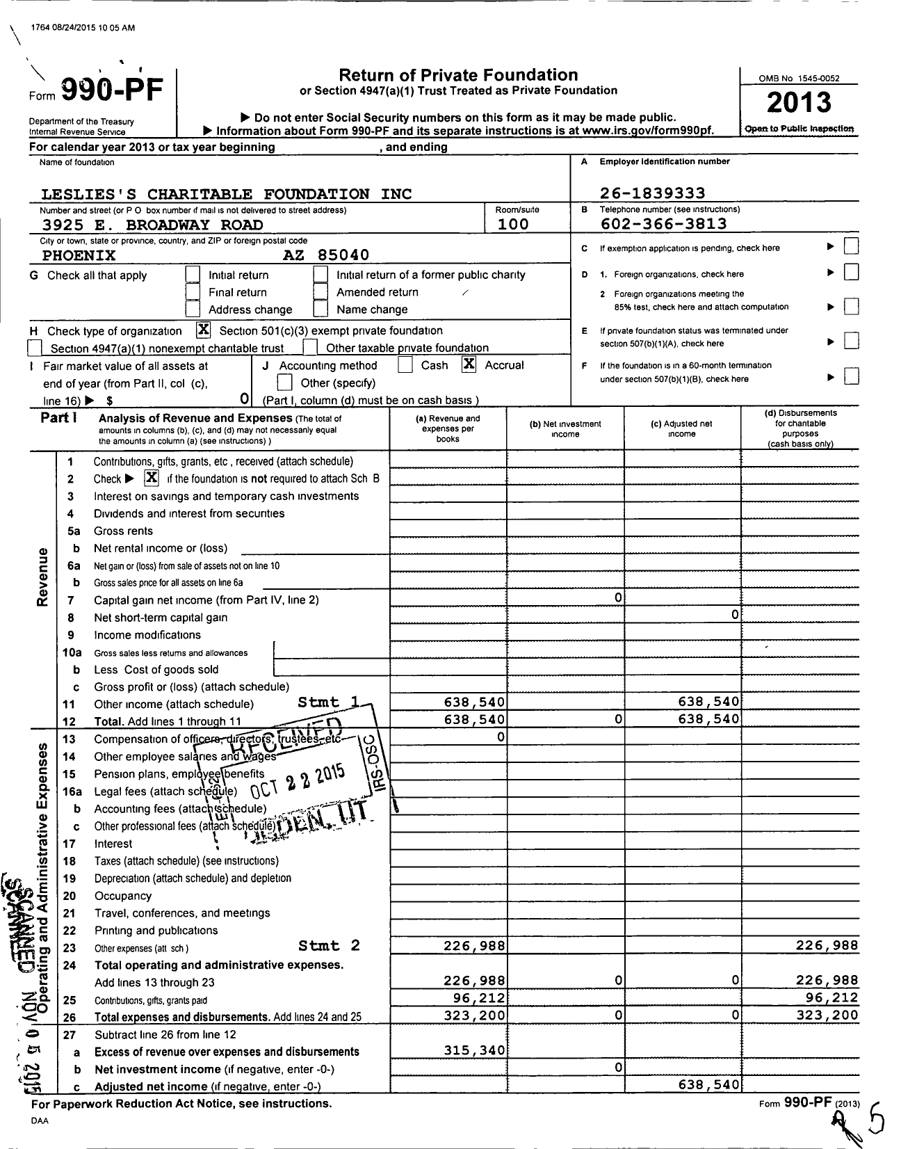 Image of first page of 2013 Form 990PF for Lesliess Charitable Foundation