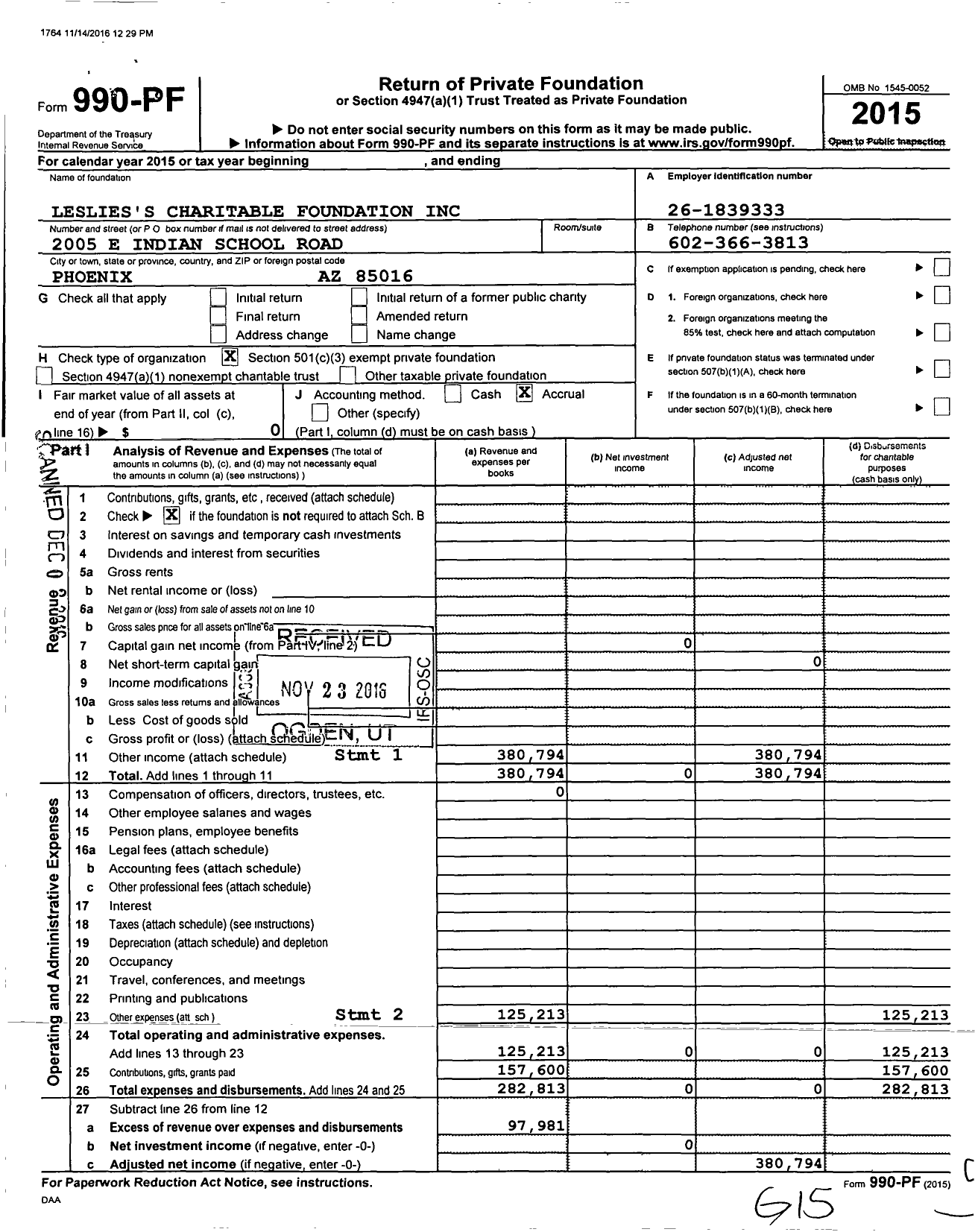 Image of first page of 2015 Form 990PF for Lesliess Charitable Foundation