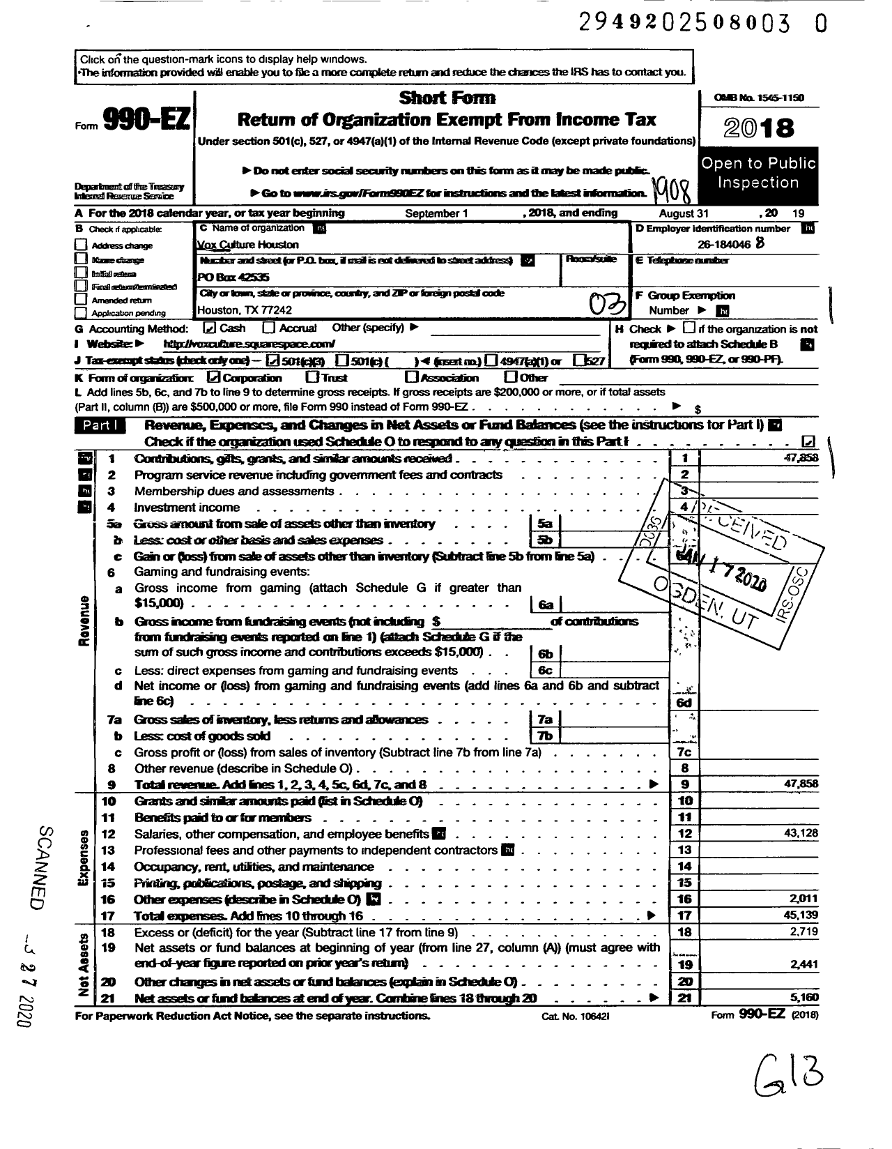 Image of first page of 2018 Form 990EZ for Vox Culture Houston