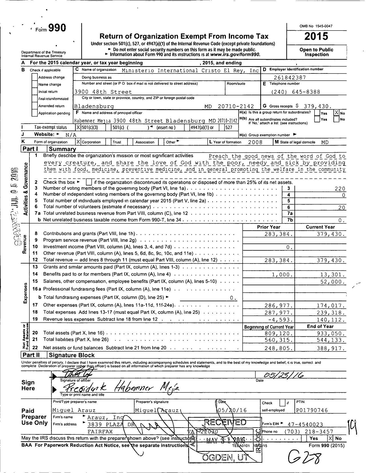 Image of first page of 2015 Form 990 for Ministerio International Cristo El Rey