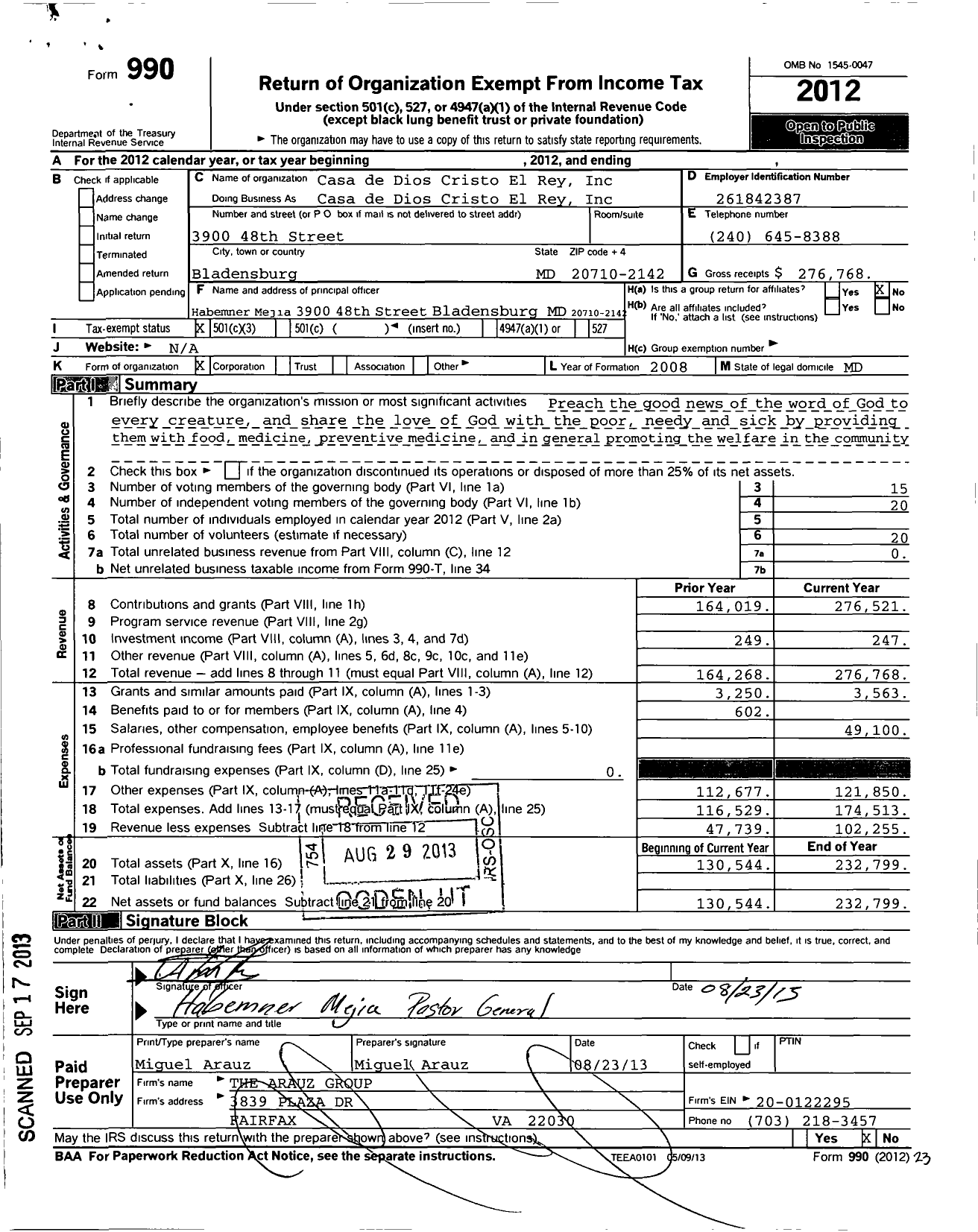 Image of first page of 2012 Form 990 for Ministerio International Cristo El Rey