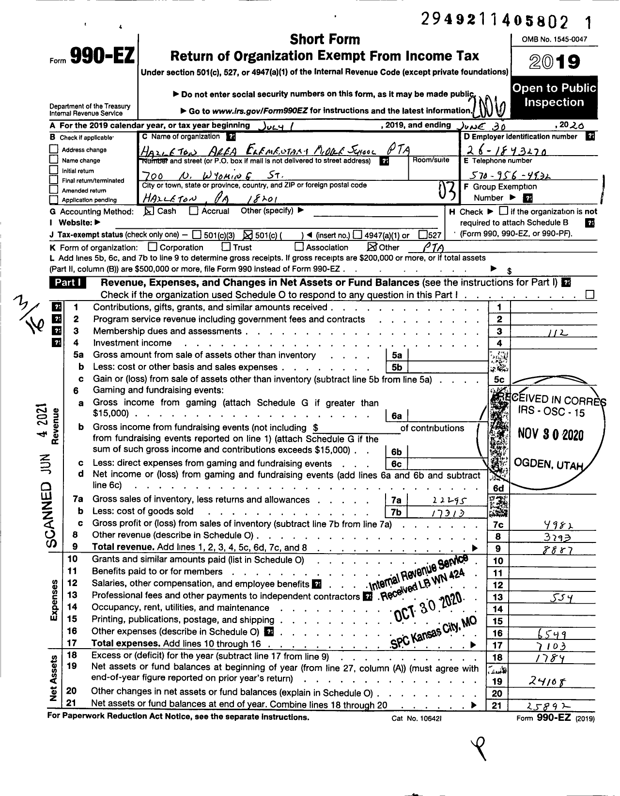 Image of first page of 2019 Form 990EZ for Hazleton Area Elementary Middle School PTA