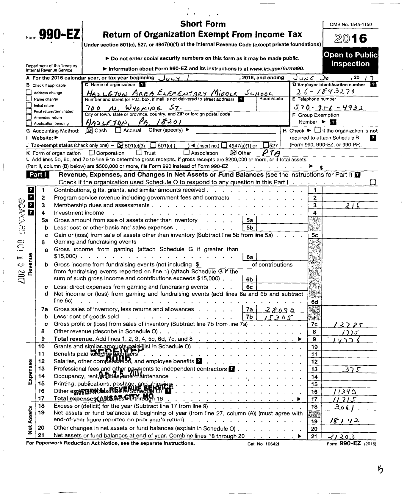 Image of first page of 2016 Form 990EZ for Hazleton Area Elementary Middle School PTA