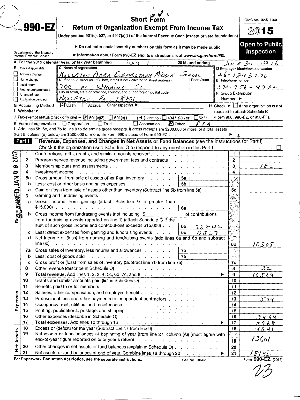 Image of first page of 2015 Form 990EZ for Hazleton Area Elementary Middle School PTA