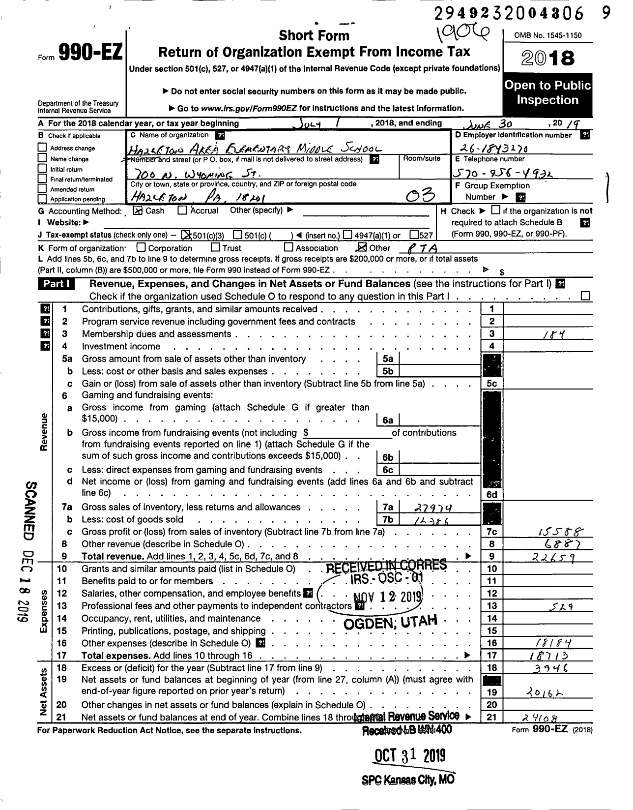 Image of first page of 2018 Form 990EZ for Hazleton Area Elementary Middle School PTA