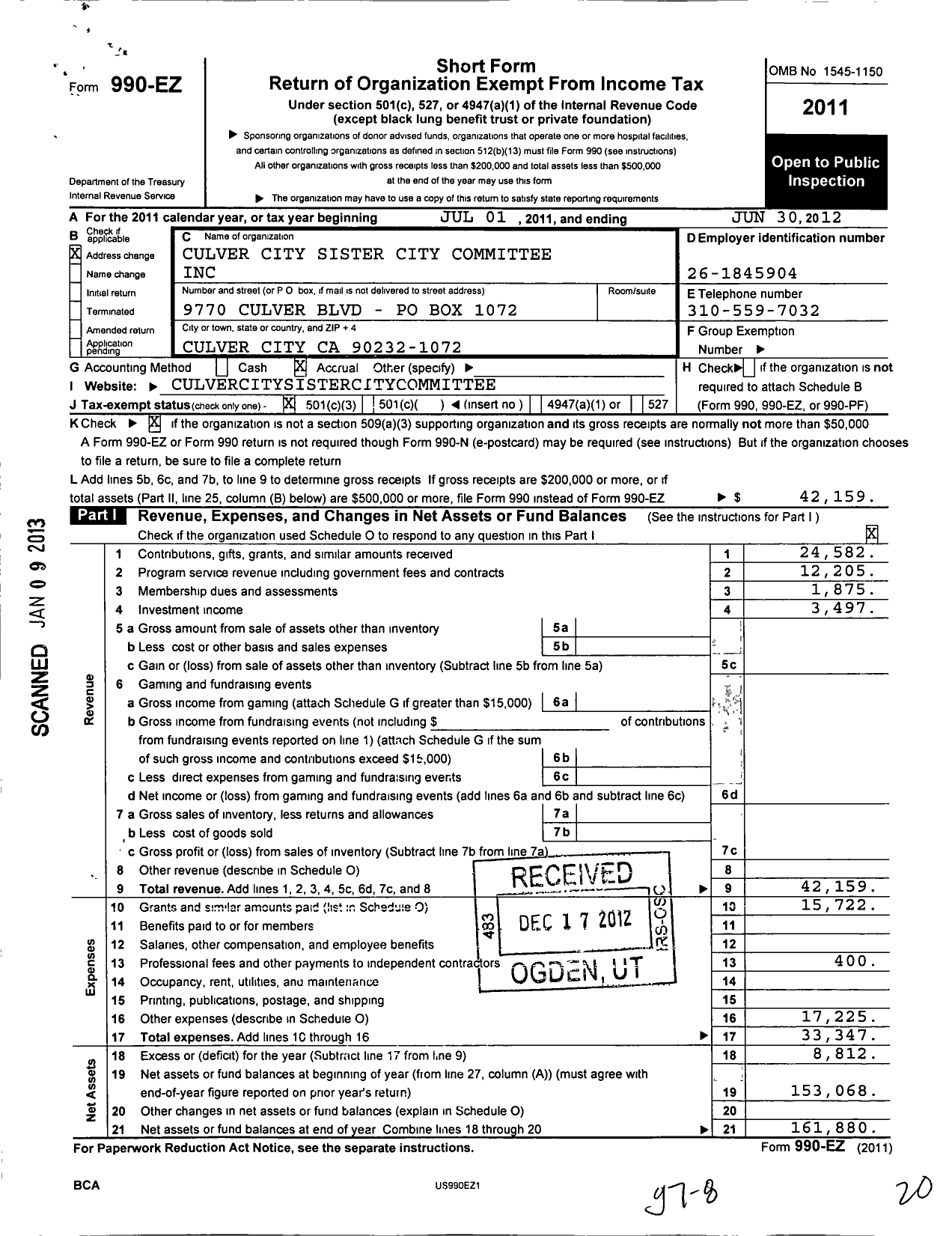Image of first page of 2011 Form 990EZ for Culver City Sister City Committee