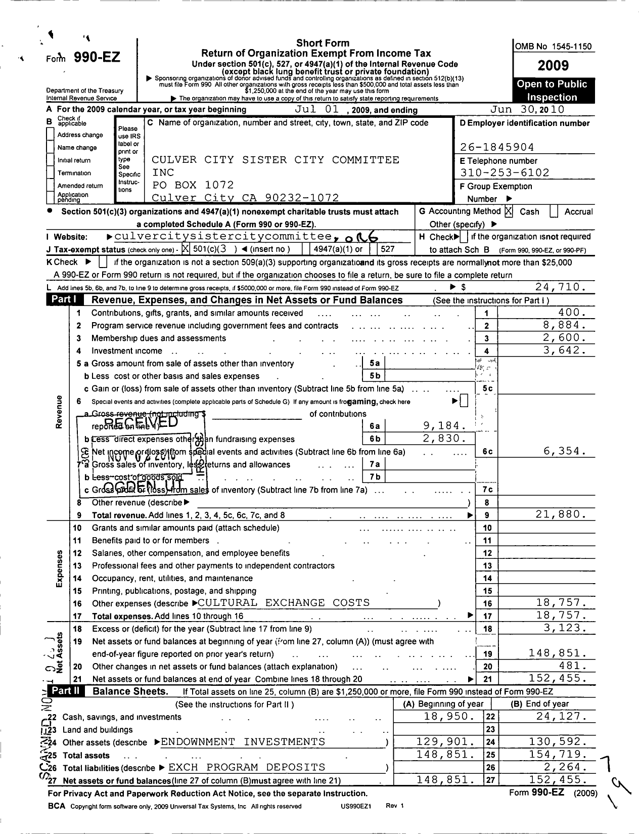 Image of first page of 2009 Form 990EZ for Culver City Sister City Committee