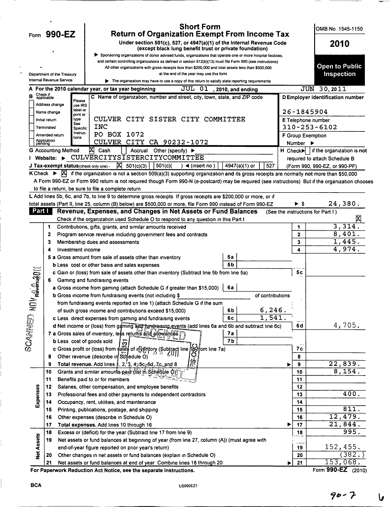Image of first page of 2010 Form 990EZ for Culver City Sister City Committee