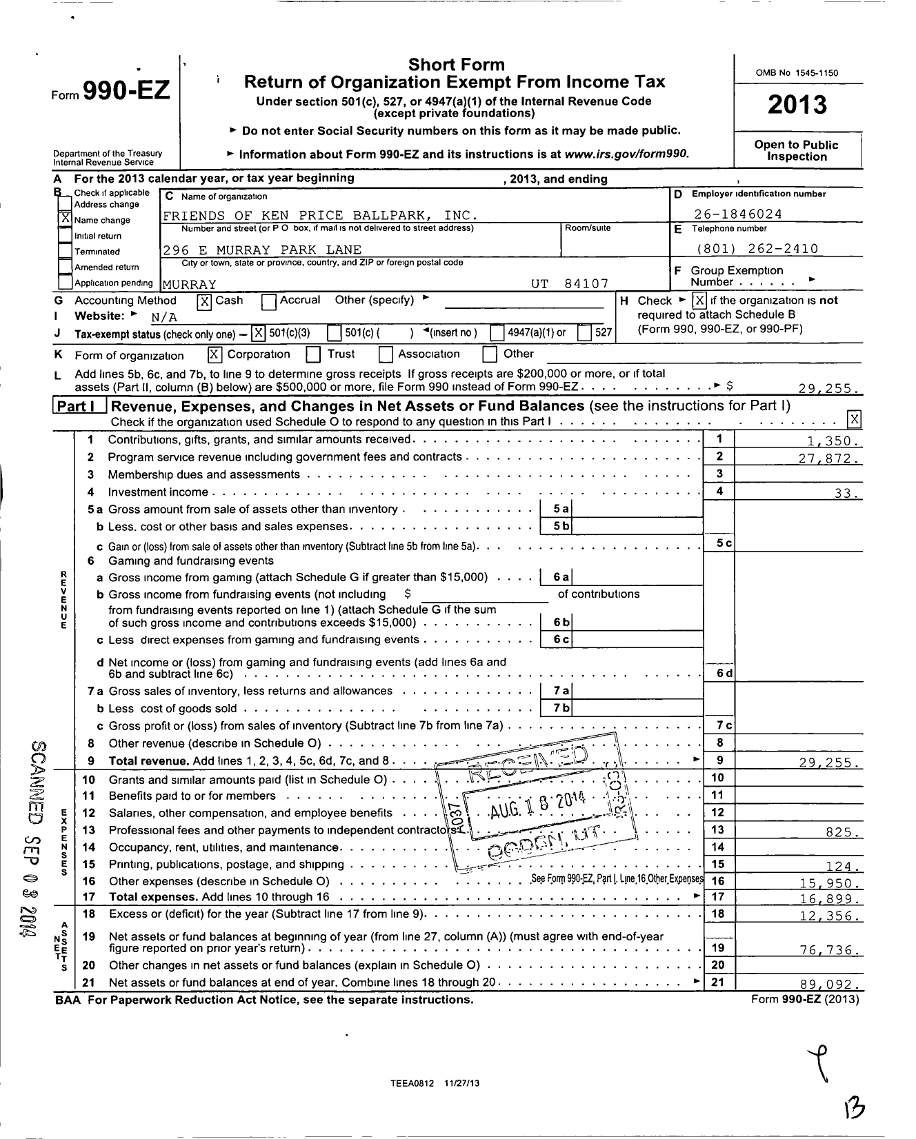 Image of first page of 2013 Form 990EZ for Friends of Ken Price Ballpark