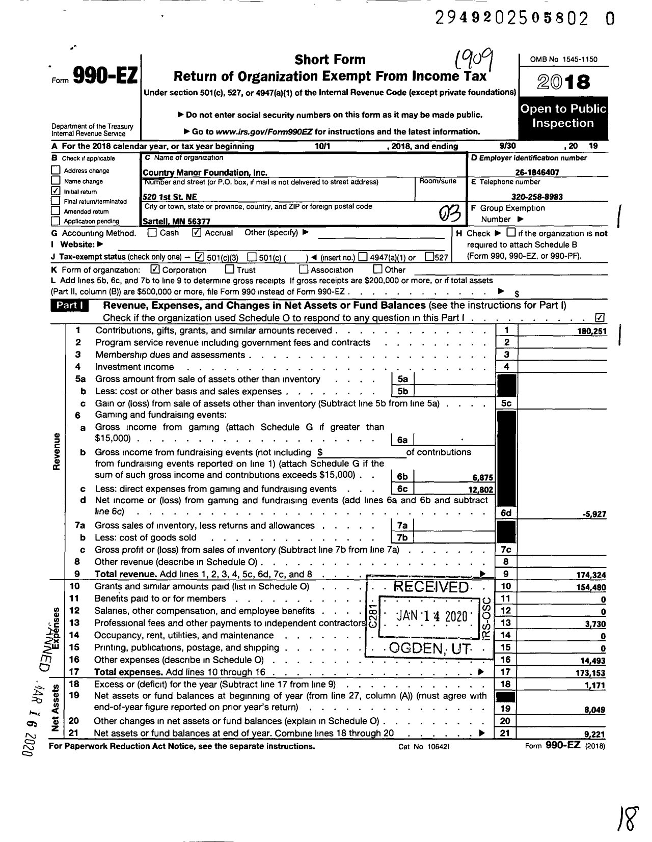 Image of first page of 2018 Form 990EZ for Country Manor Foundation