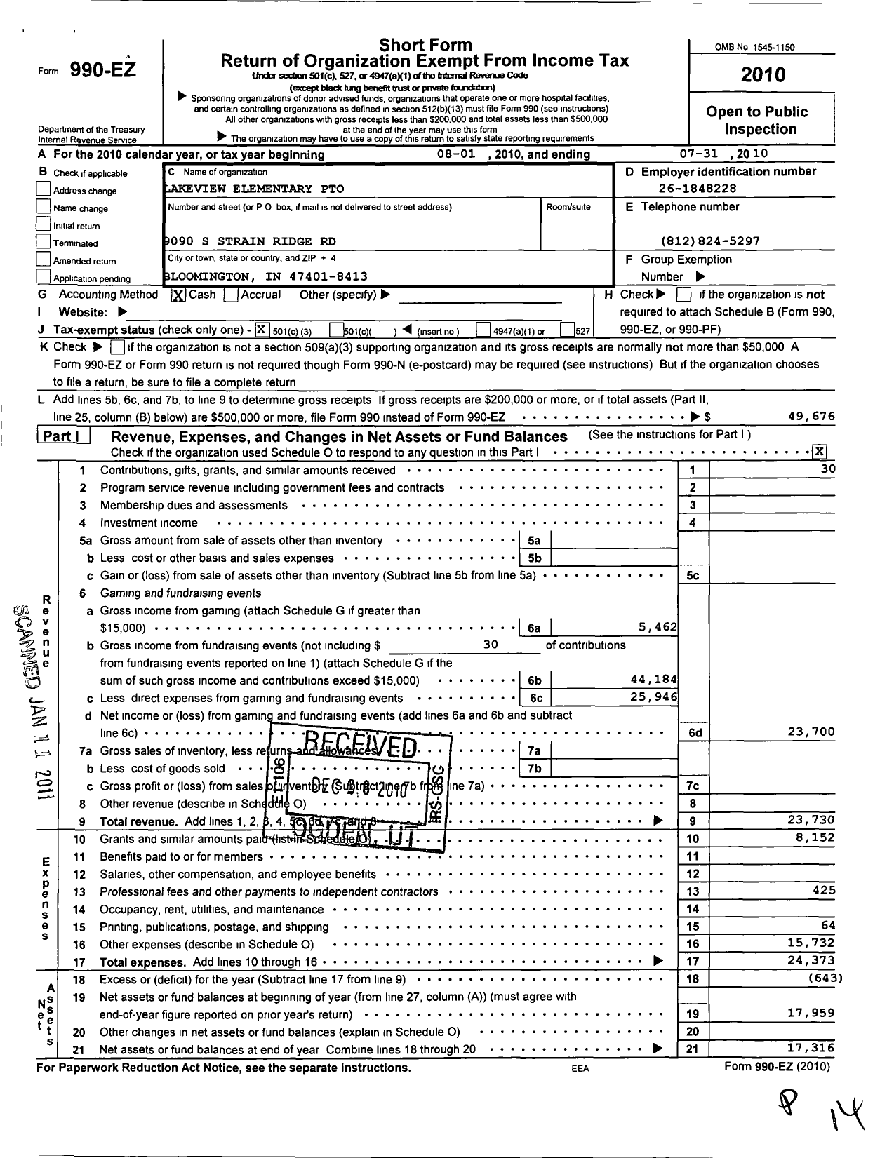 Image of first page of 2009 Form 990EZ for Lakeview Elementary Pto