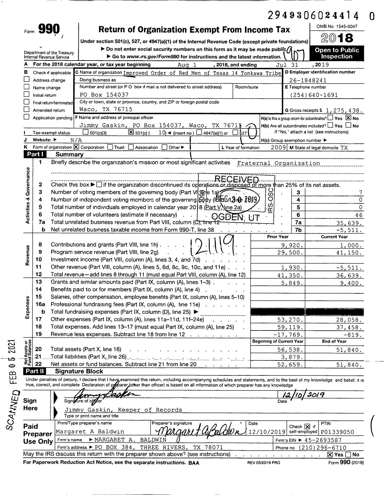 Image of first page of 2018 Form 990O for Improved Order of Red Men of Texas - Improved Order of Red Men of Texas 14 Tonkawa Tribe