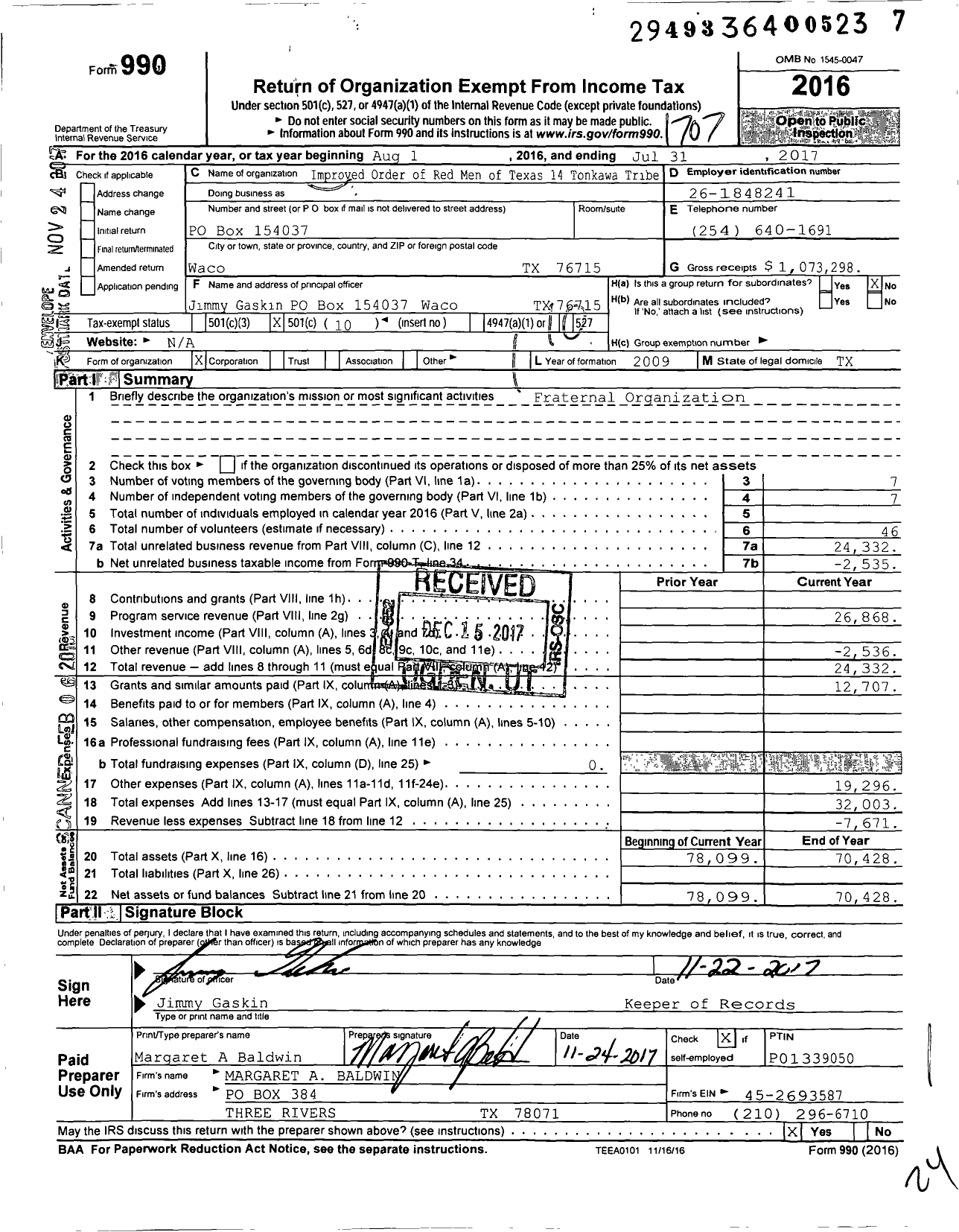 Image of first page of 2016 Form 990O for Improved Order of Red Men of Texas - Improved Order of Red Men of Texas 14 Tonkawa Tribe