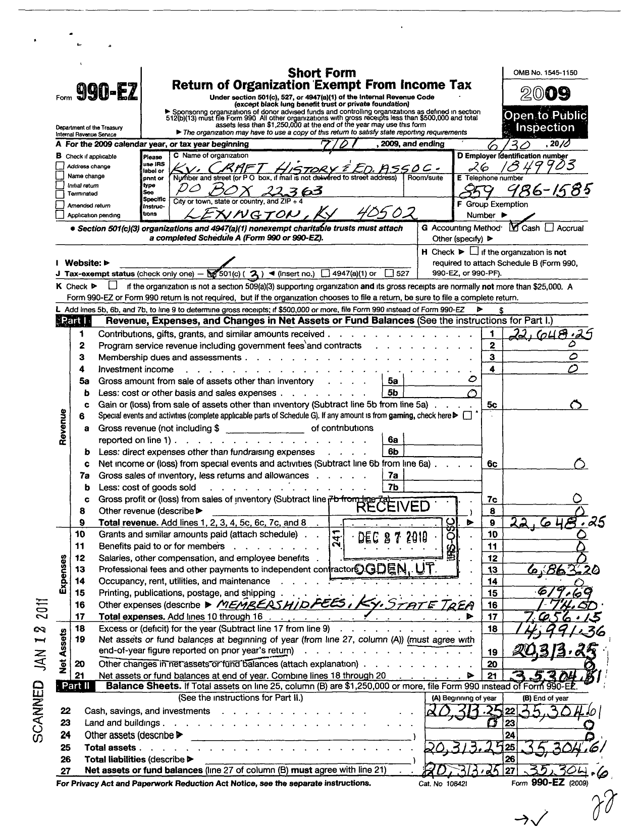 Image of first page of 2009 Form 990EZ for Kentucky Craft History and Education Association