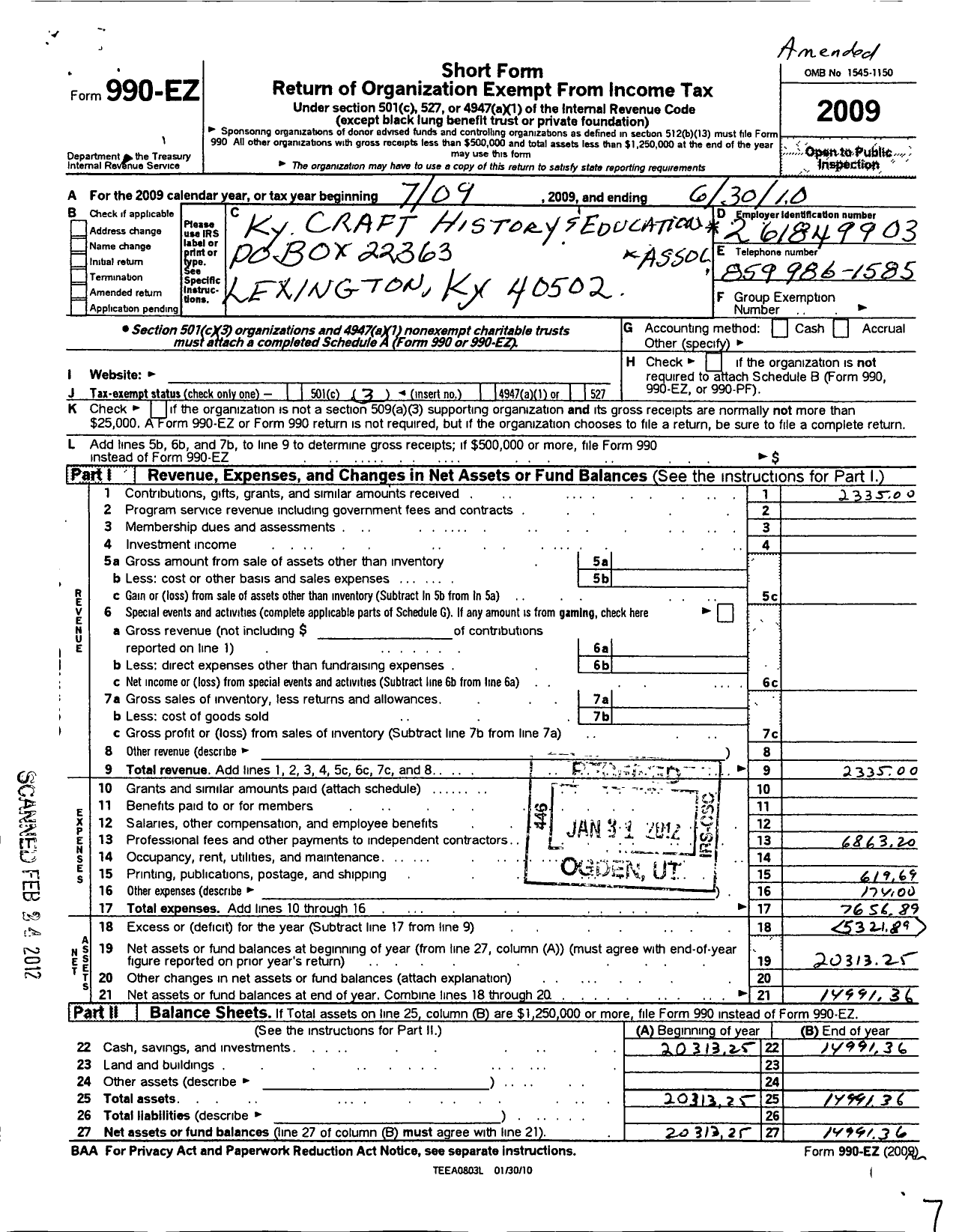 Image of first page of 2009 Form 990EZ for Kentucky Craft History and Education Association