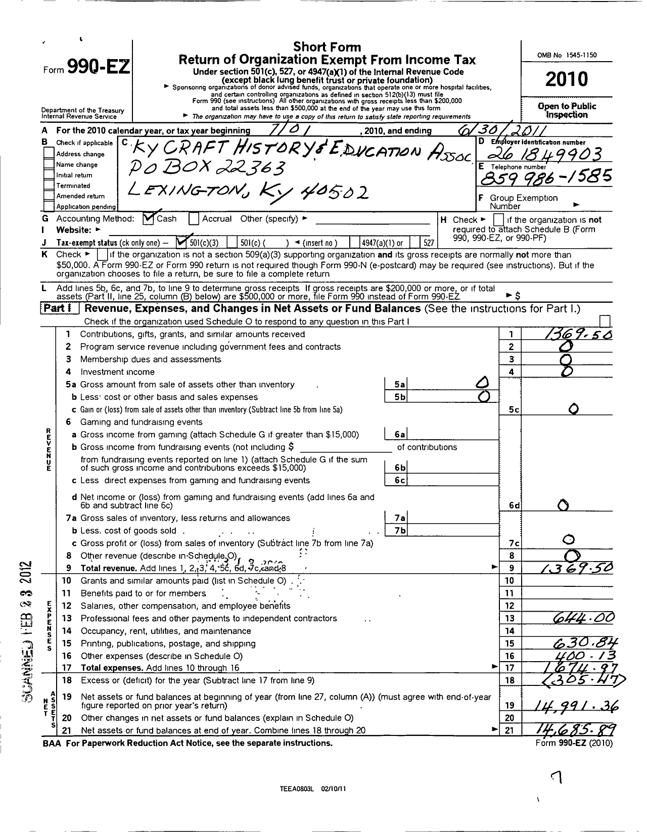 Image of first page of 2010 Form 990EZ for Kentucky Craft History and Education Association