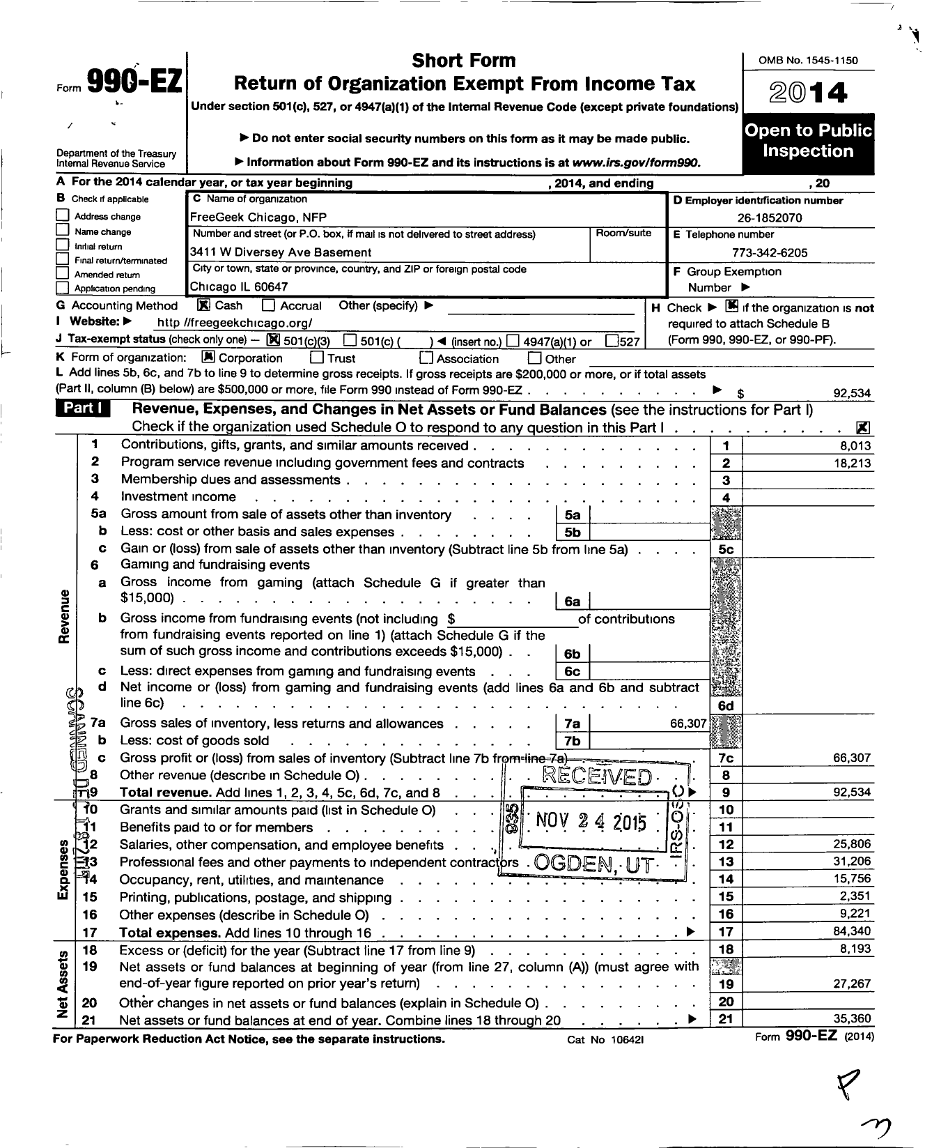 Image of first page of 2014 Form 990EZ for Freegeek Chicago