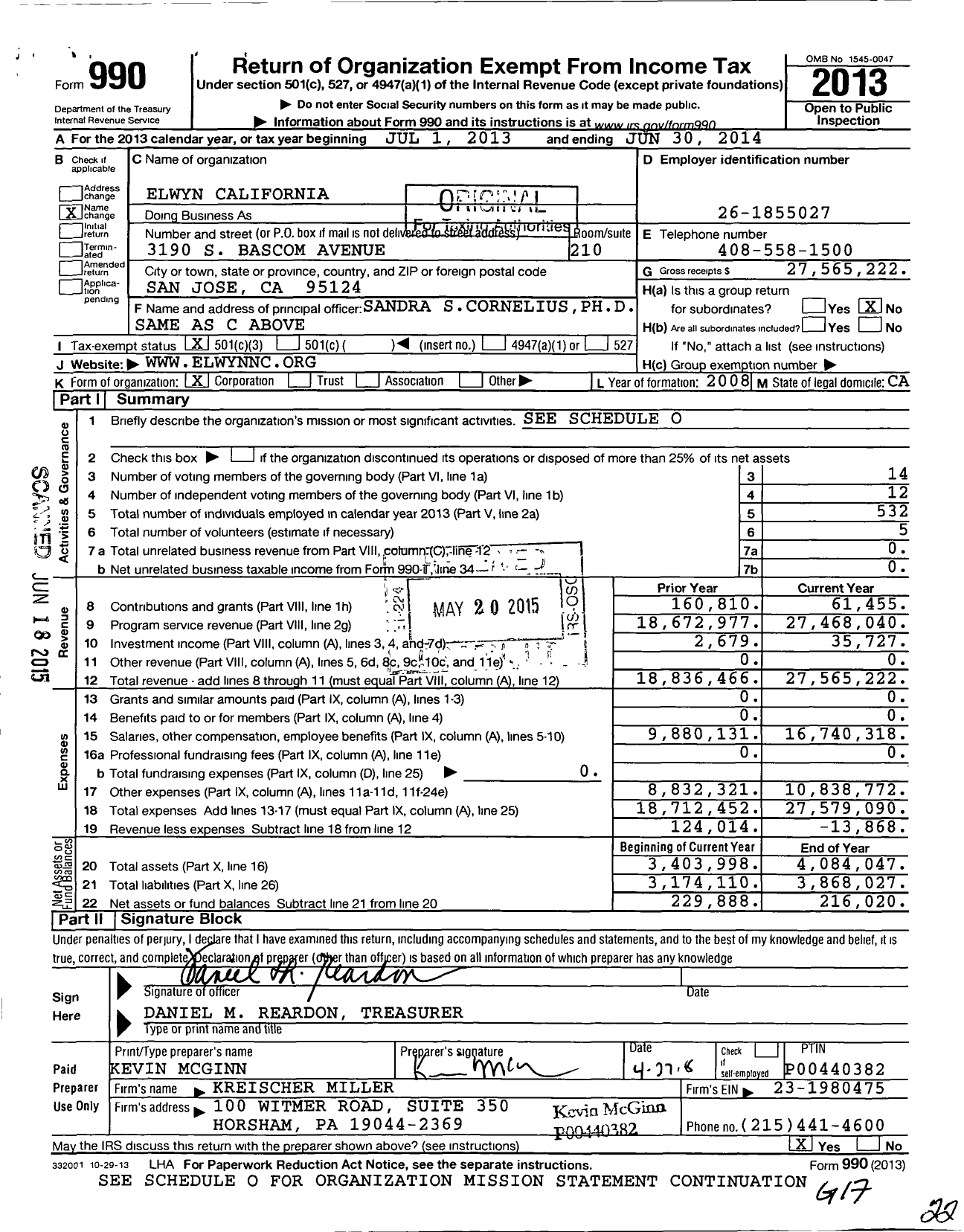 Image of first page of 2013 Form 990 for Elwyn California